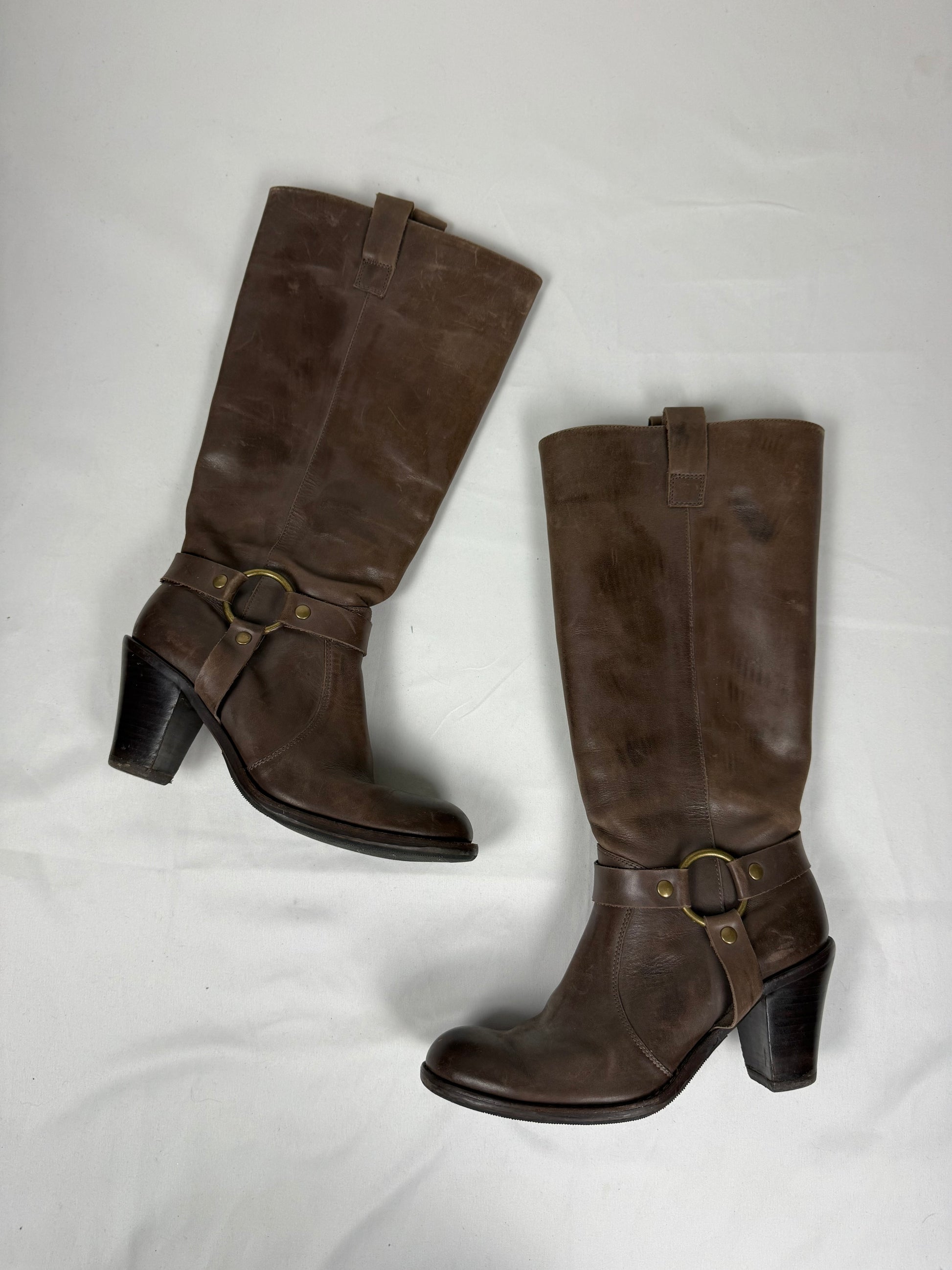 Brown buckle belt real leather knee high boots (36)