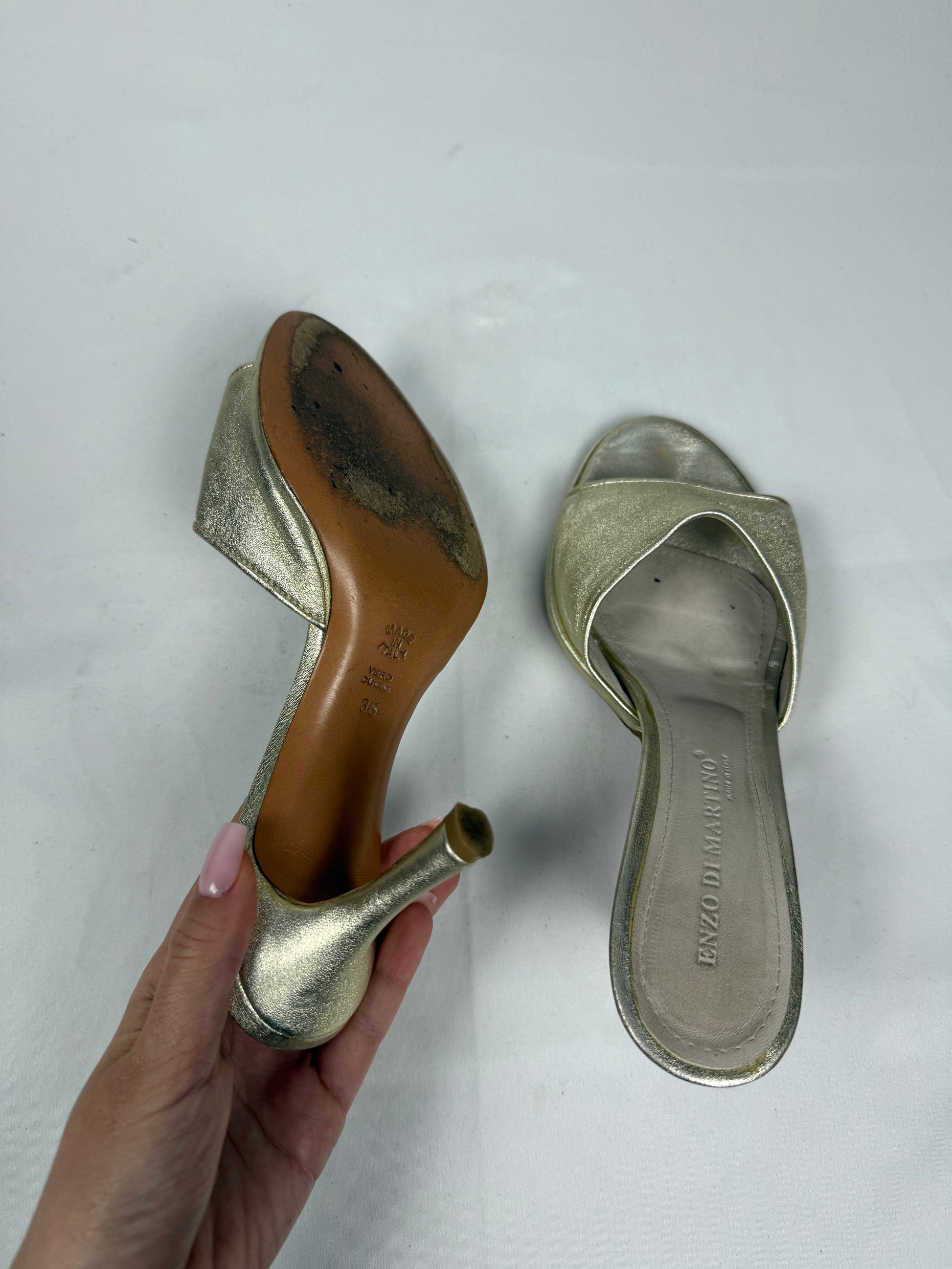 Gold real leather kitten heels mules (36)