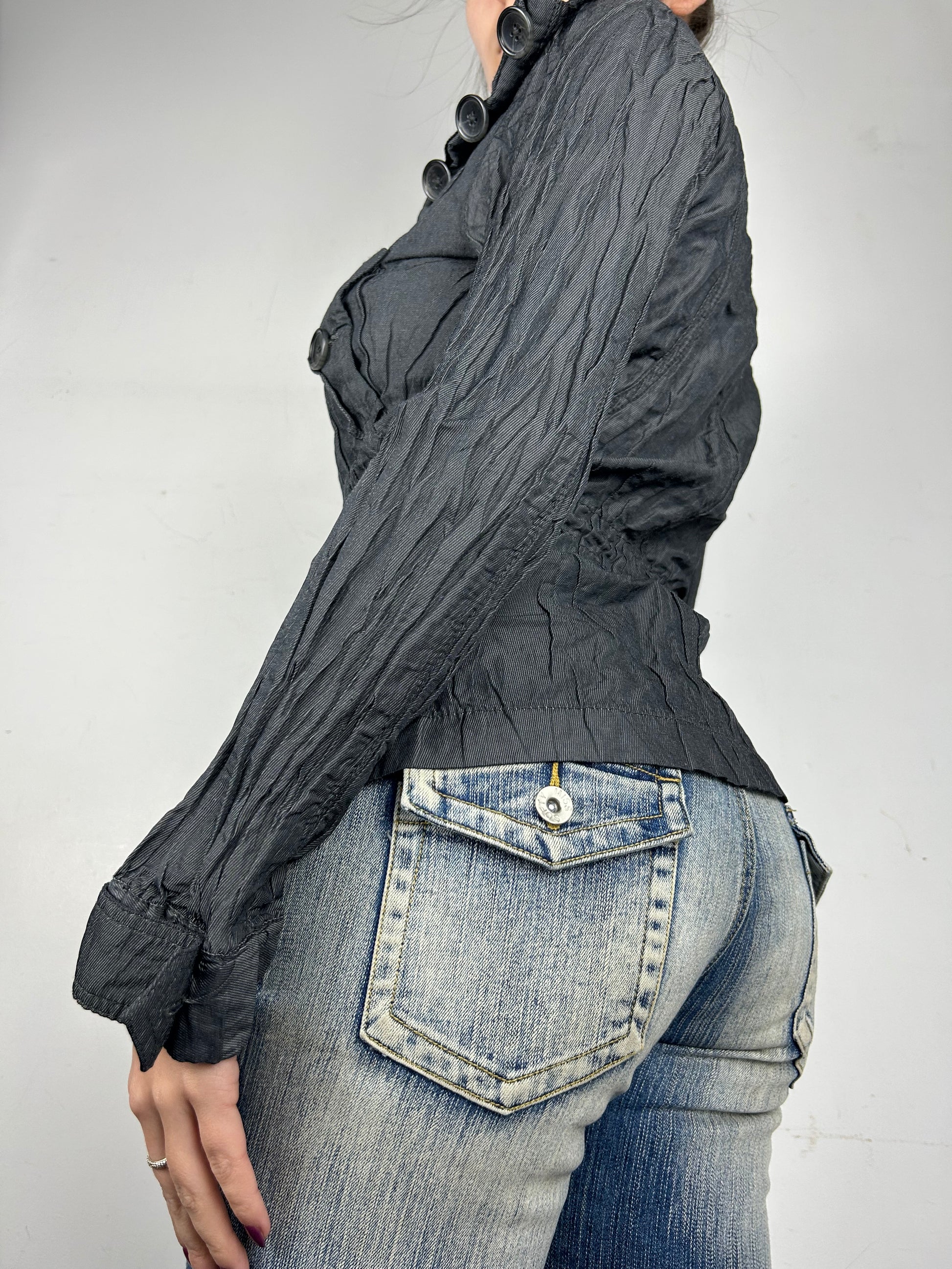 Navy denim pleated spring jacket (XS)