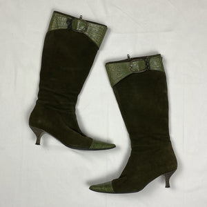 Khaki suede leather pointed toes knee high boots (36)
