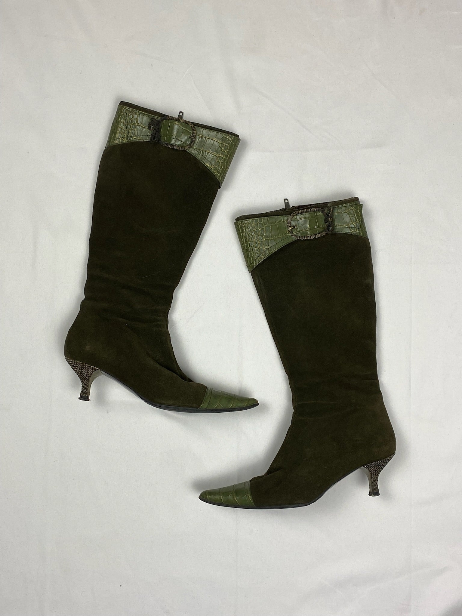 Khaki suede leather pointed toes knee high boots (36)