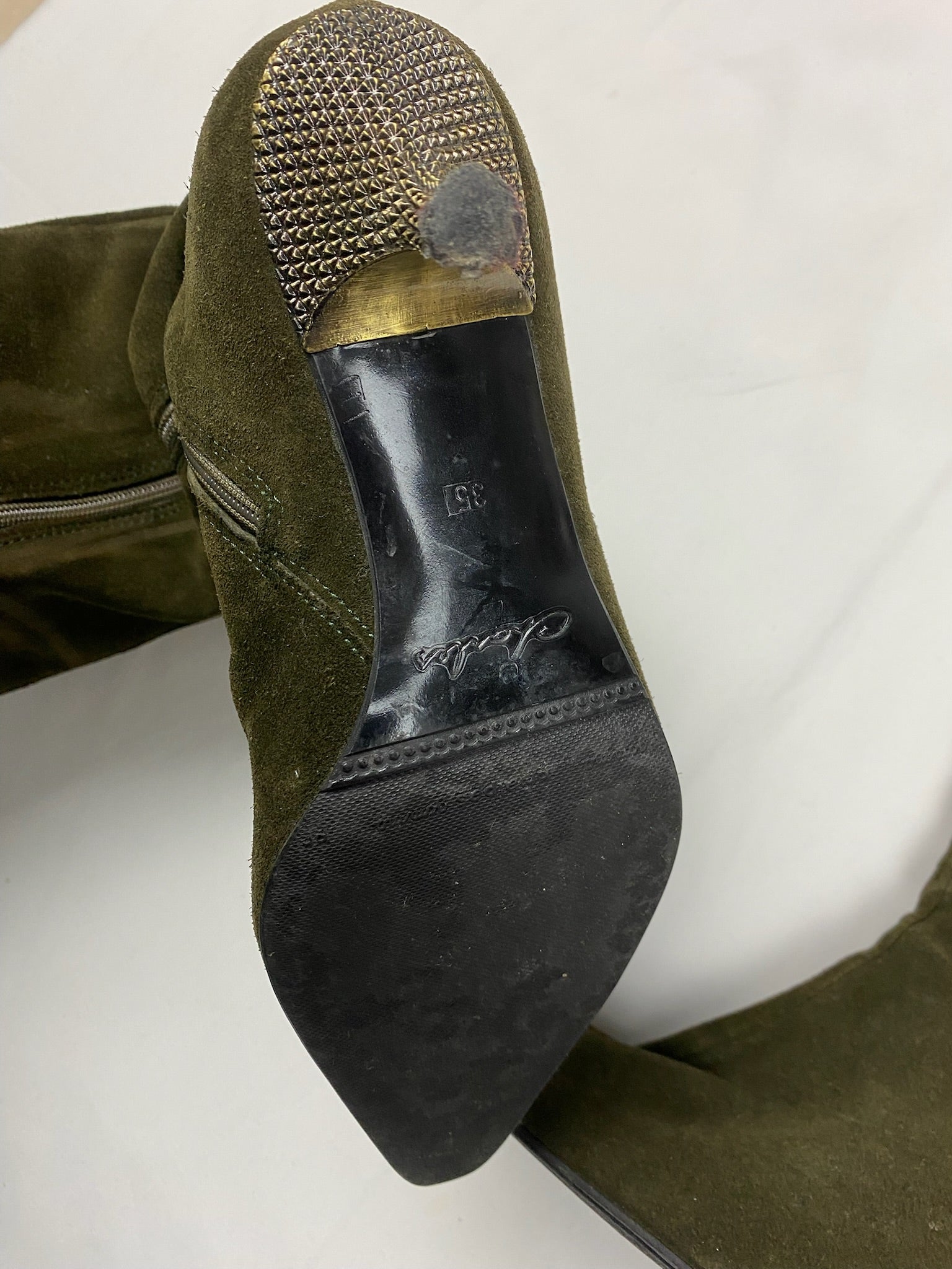 Khaki suede leather pointed toes knee high boots (36)