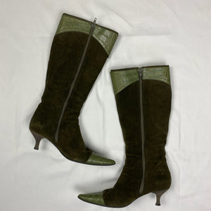 Khaki suede leather pointed toes knee high boots (36)
