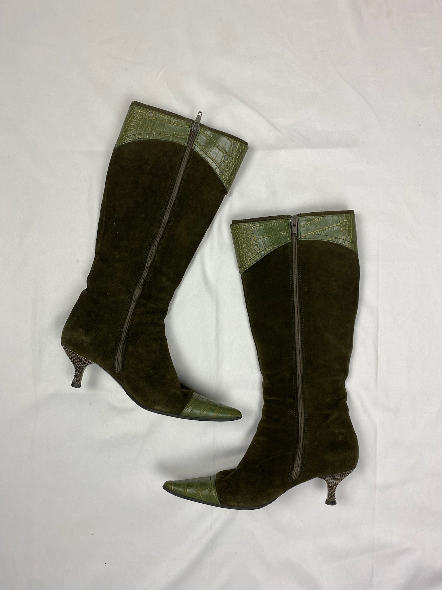 Khaki suede leather pointed toes knee high boots (36)