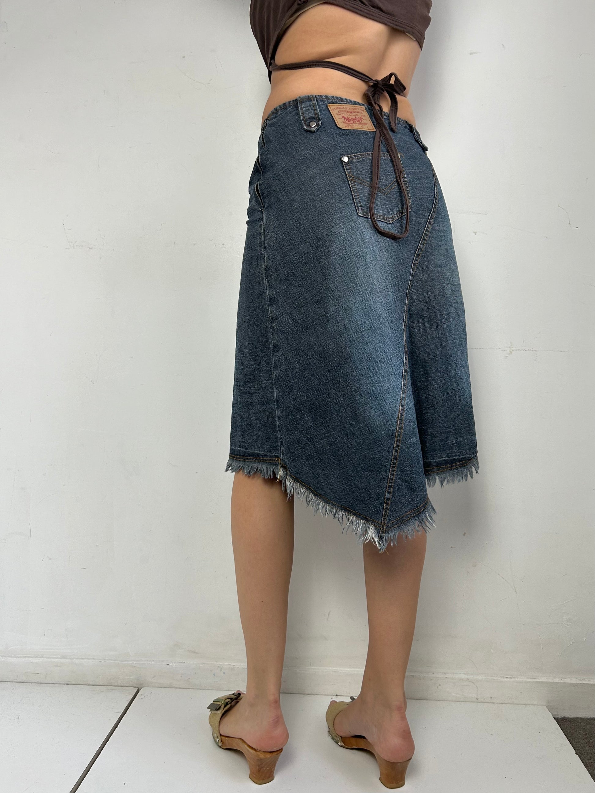 Denim blue navy low rise asymmetric mid skirt (S)