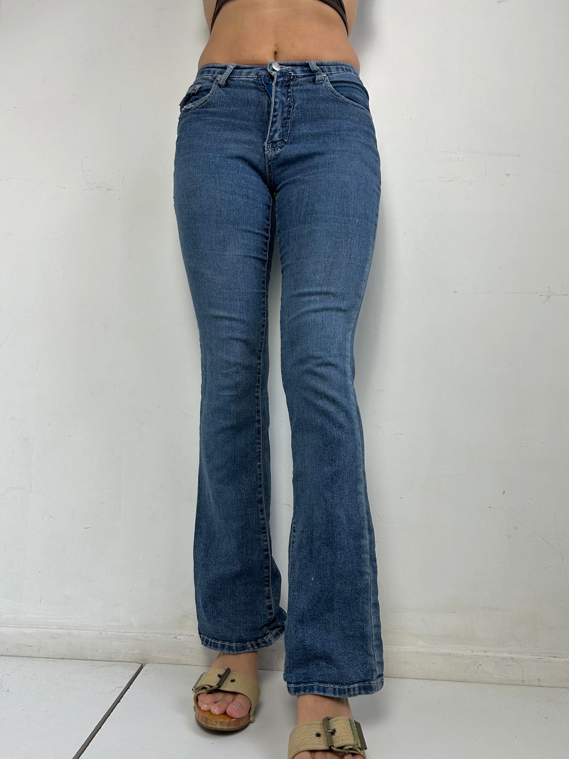 Blue denim low rise bootcut flare pants (S)