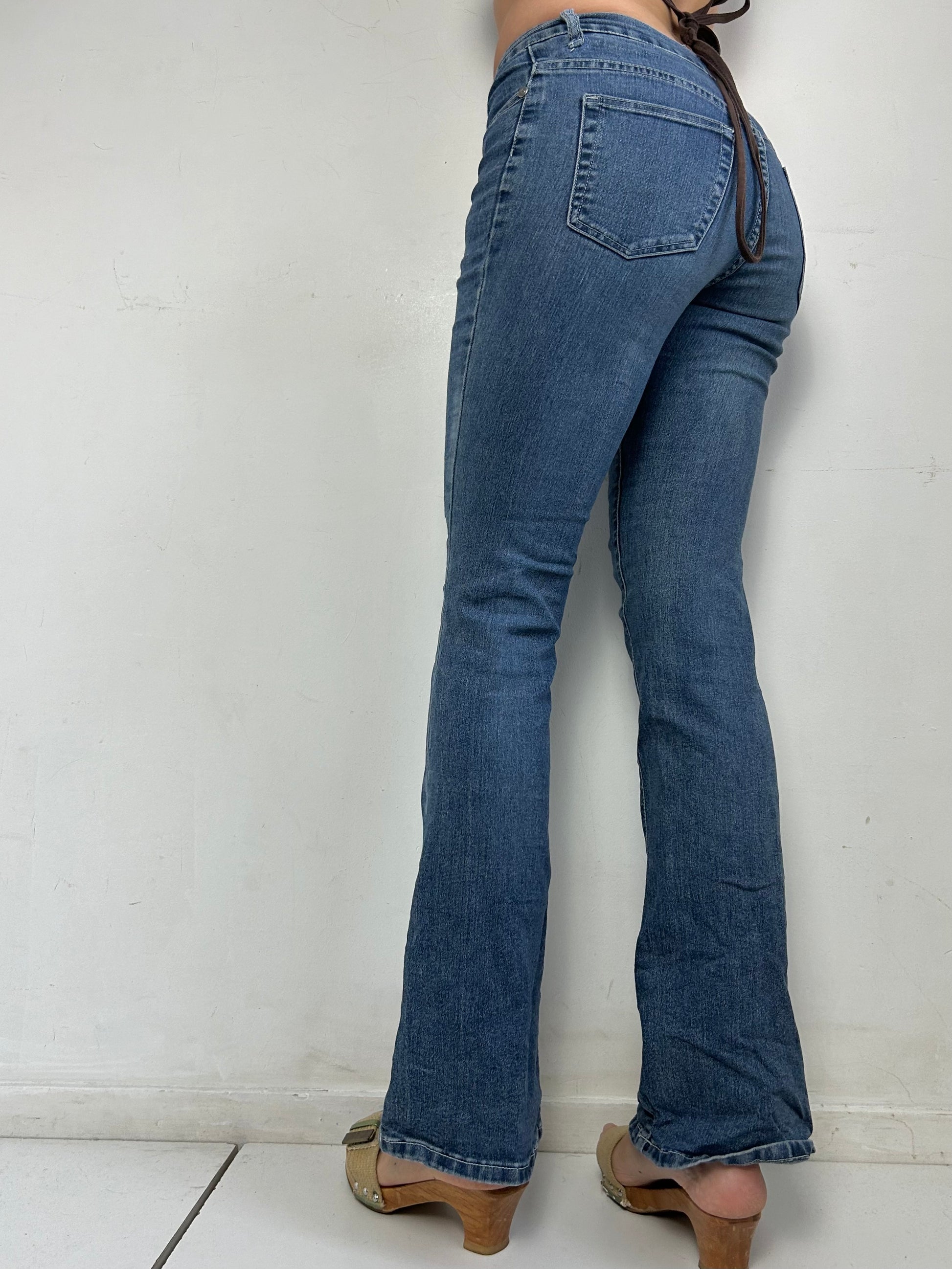 Blue denim low rise bootcut flare pants (S)