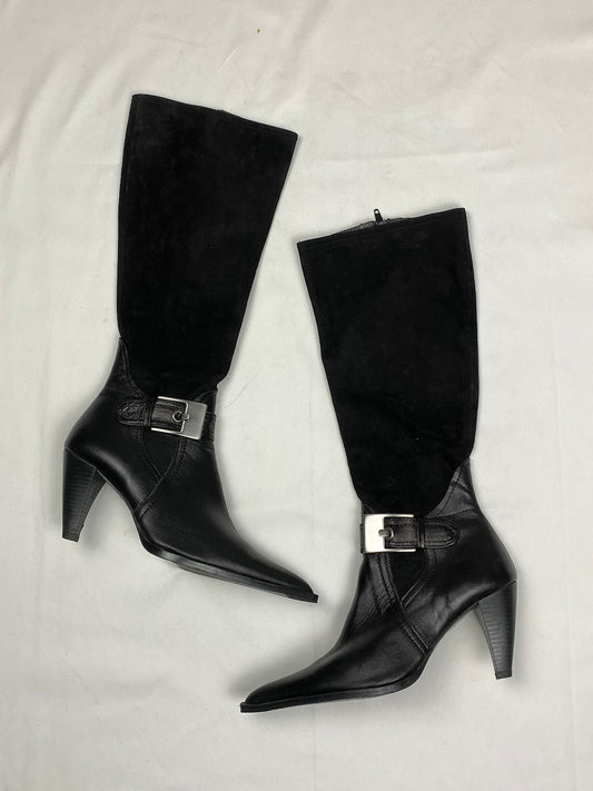 Black real leather pointed toes knee high boots (36)