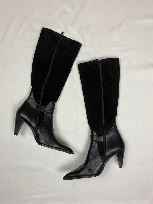 Black real leather pointed toes knee high boots (36)