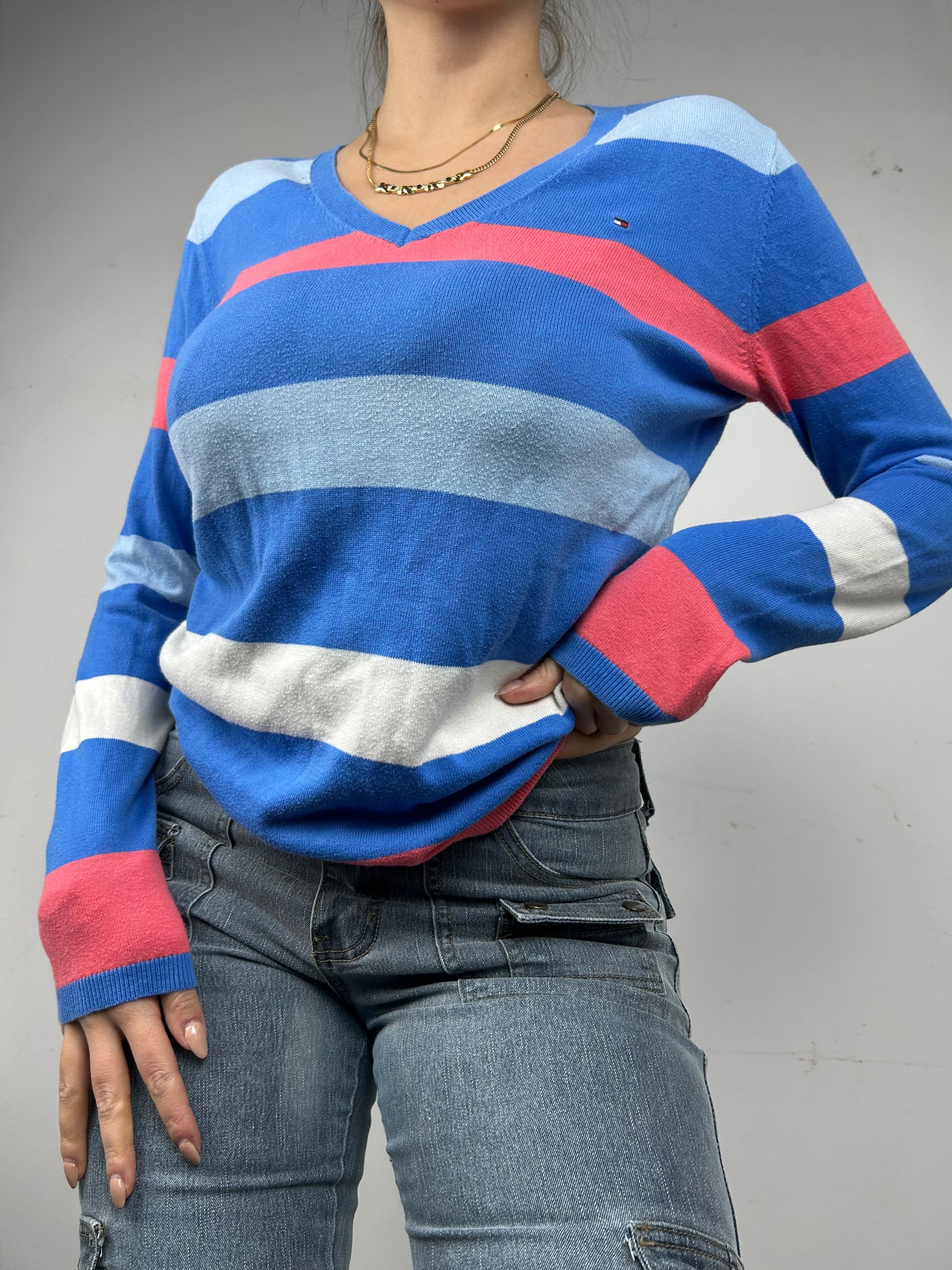 Blue striped cotton V neck 90s jumper (S)