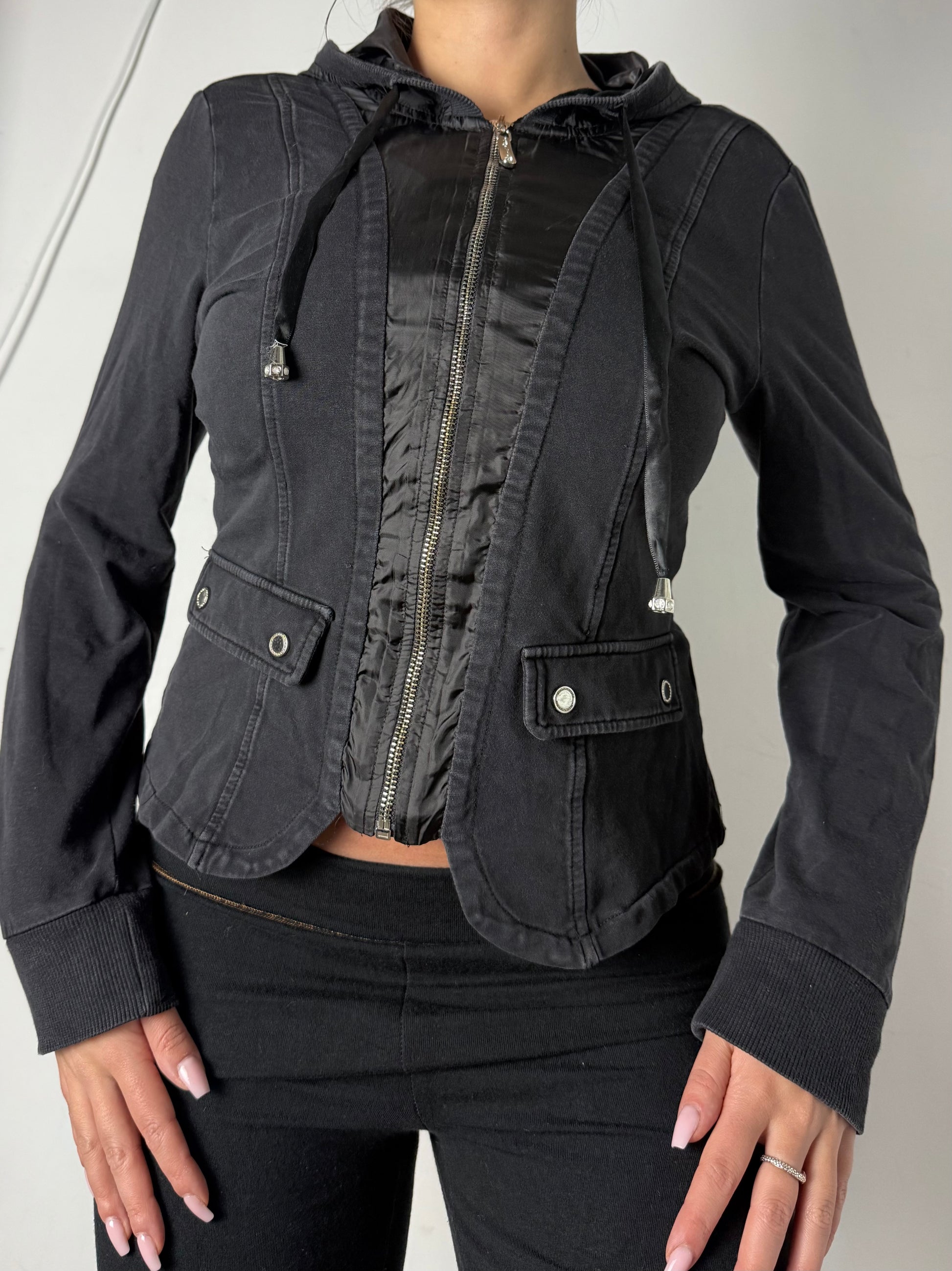 Black zip up hooded jacket (S/M)