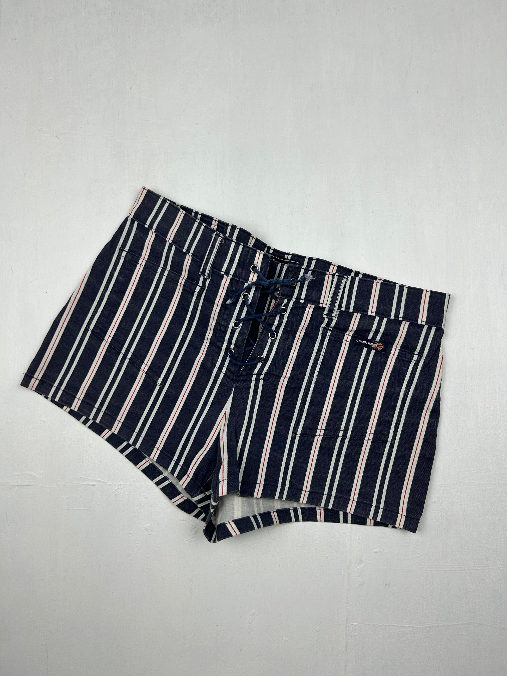 Blue striped low rise lace up mini short (S)