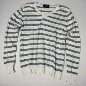 White & grey striped super soft V neck jumper (S/M)