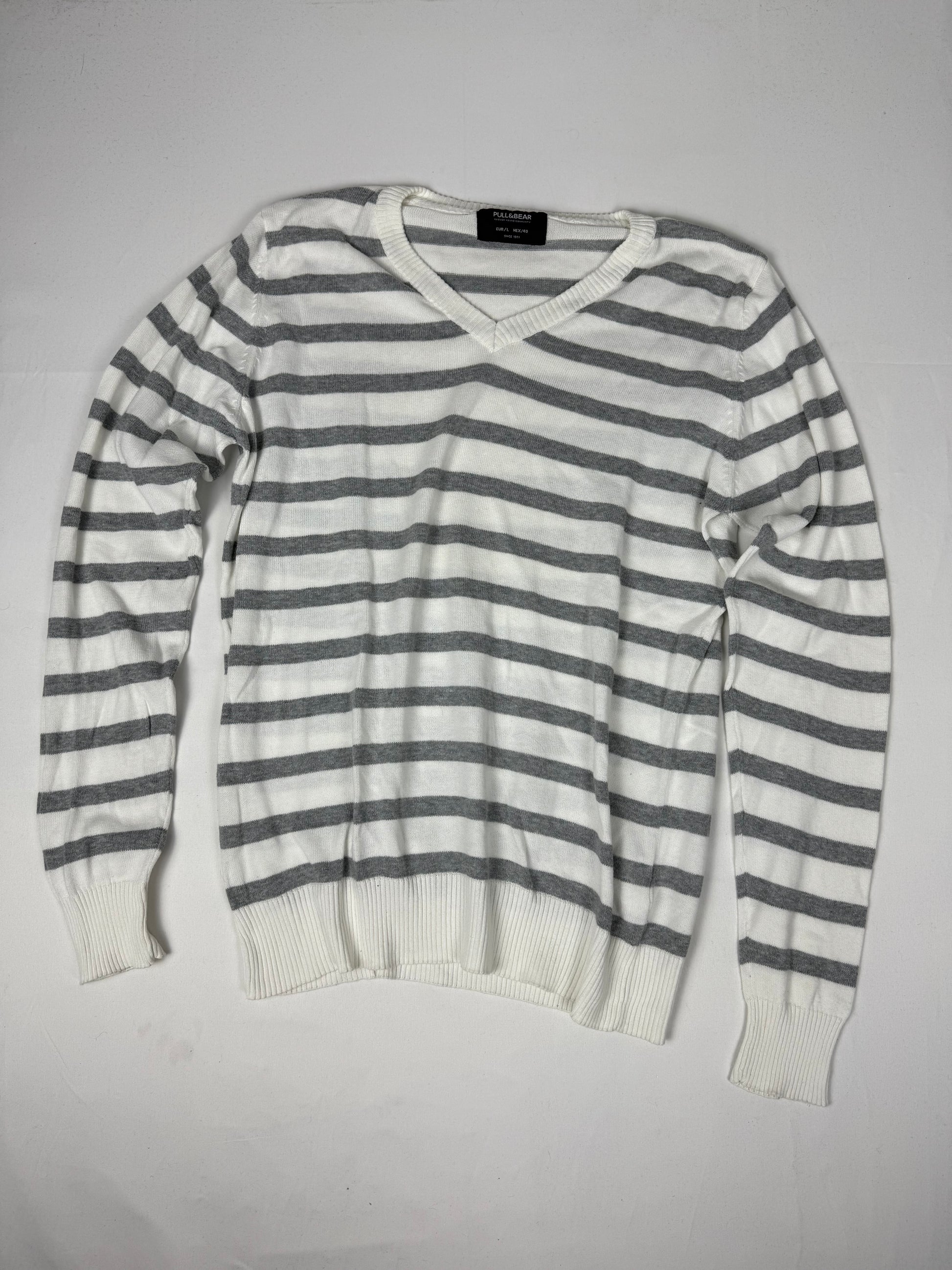 White & grey striped super soft V neck jumper (S/M)
