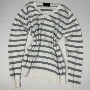 White & grey striped super soft V neck jumper (S/M)
