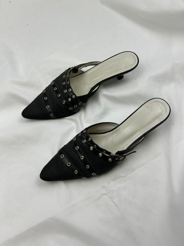 Black pointed toes 100% real leather belt mules (37)