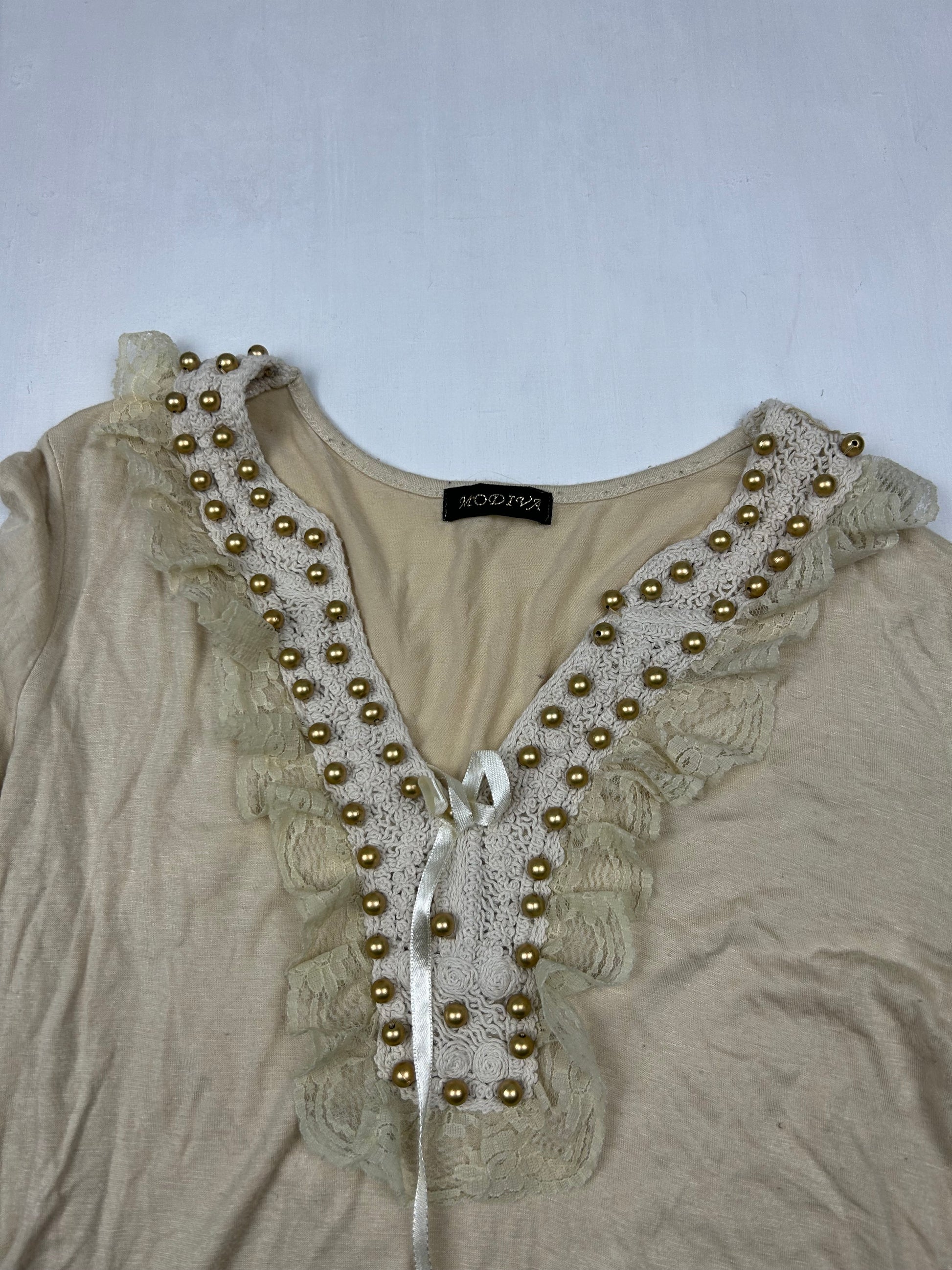 Beige stretchy pearls long sleeves top (S)