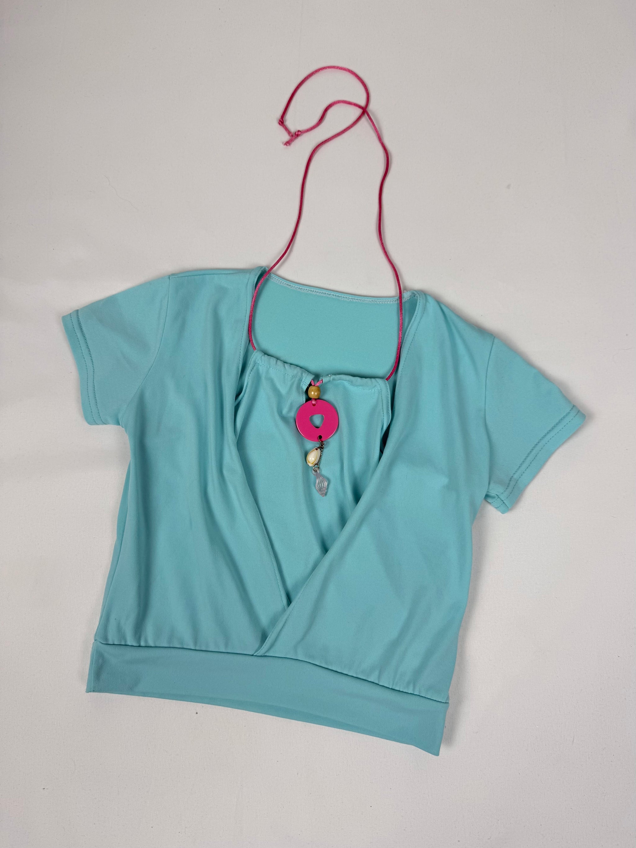 Blue halter neck pearls tee (XS)
