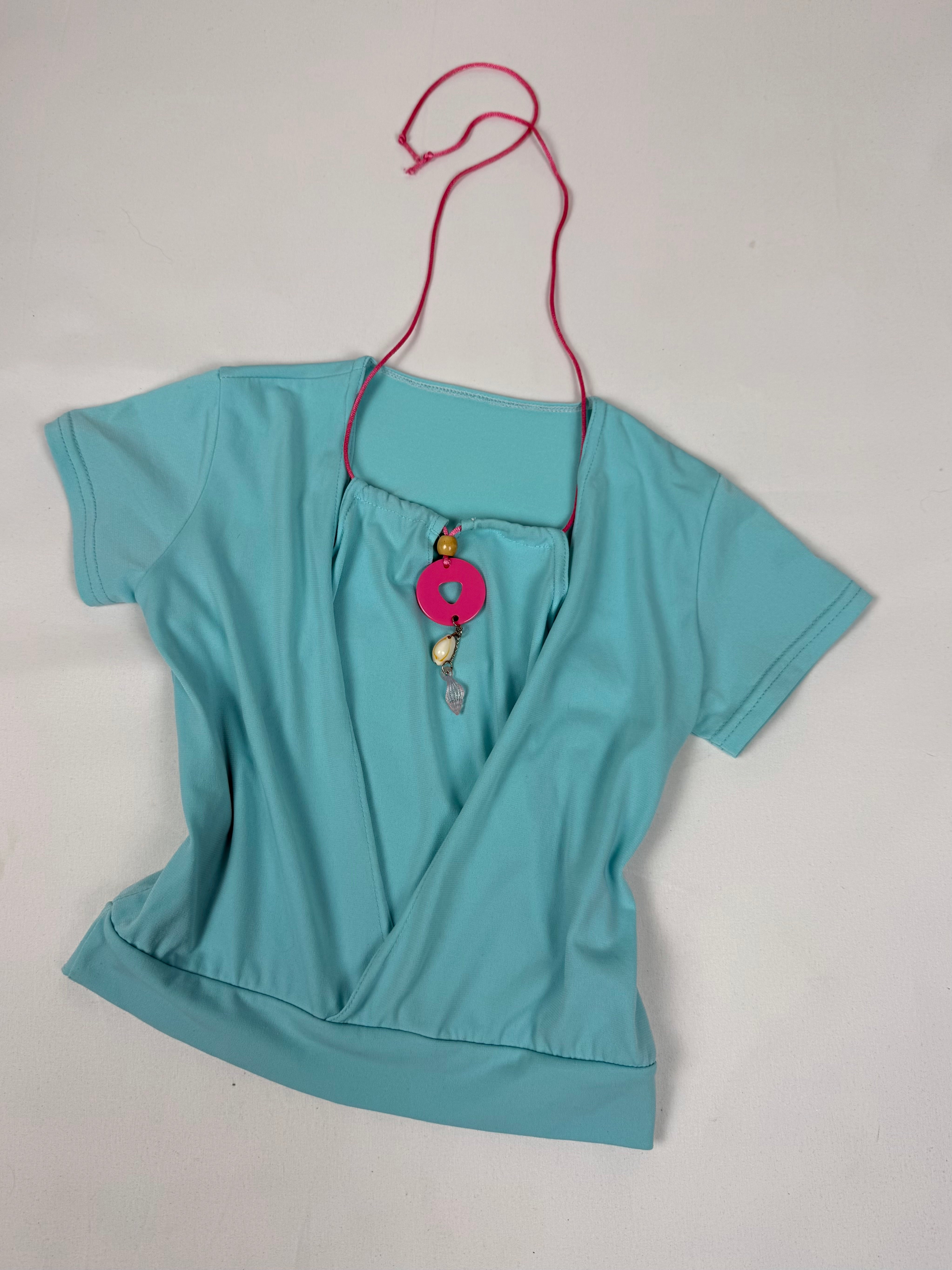 Blue halter neck pearls tee (XS)