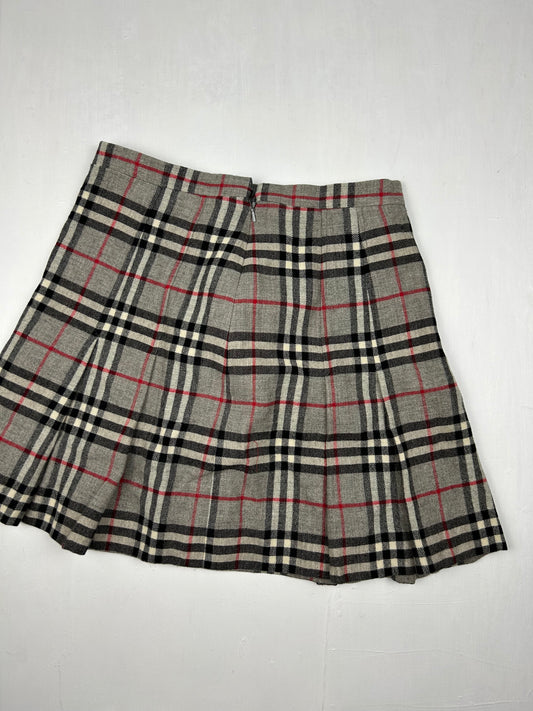 Grey check print wool  pleated skirt (S/M)