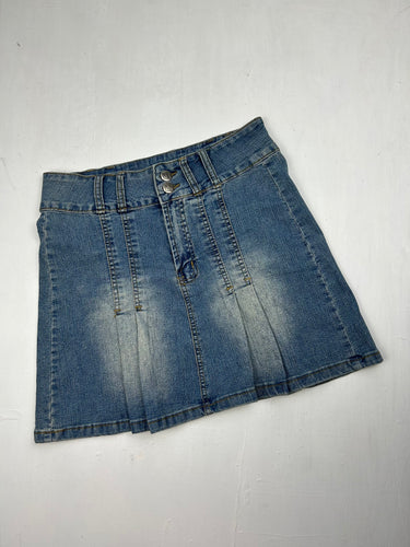 Blue denim low rise pleated mini skirt (S/M)