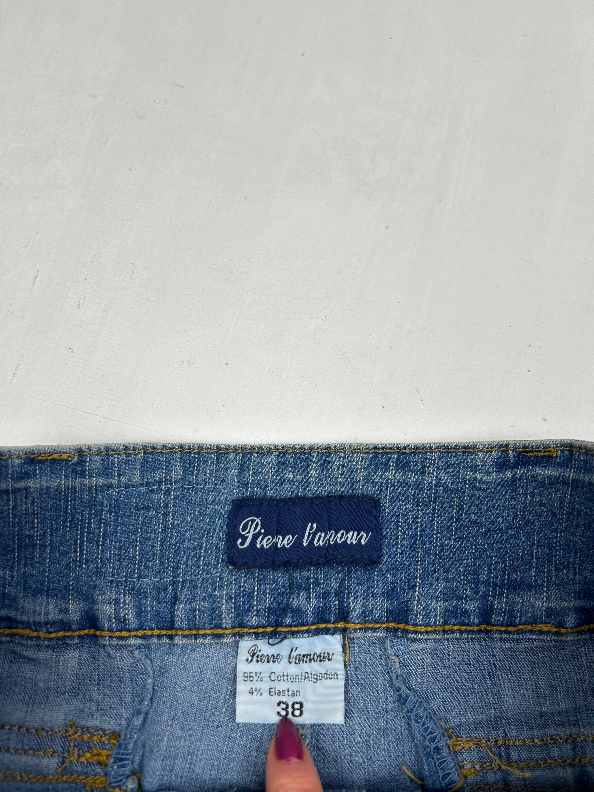 Blue denim low rise pleated mini skirt (S/M)
