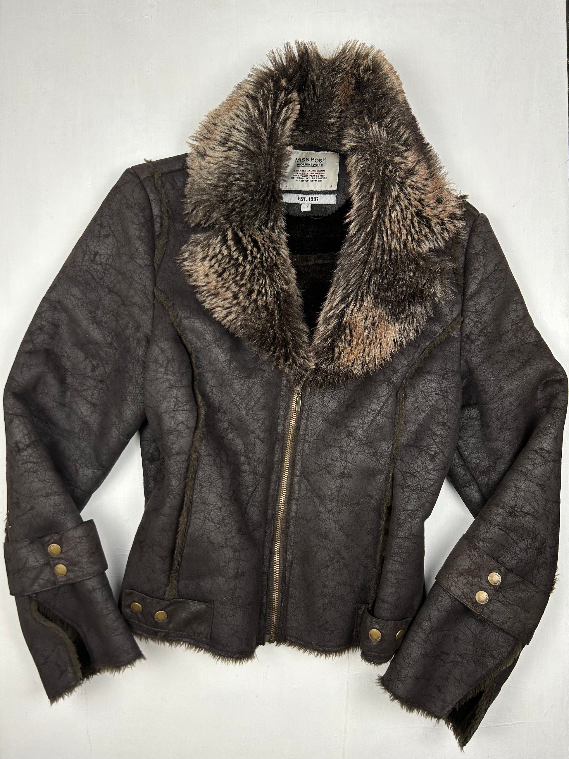 Brown suede leather biker faux fur  jacket (M)