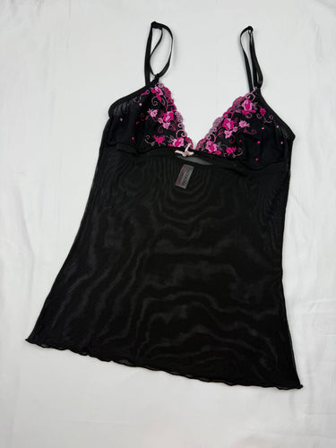 Black & pink embroidered floral mesh cami top (S)