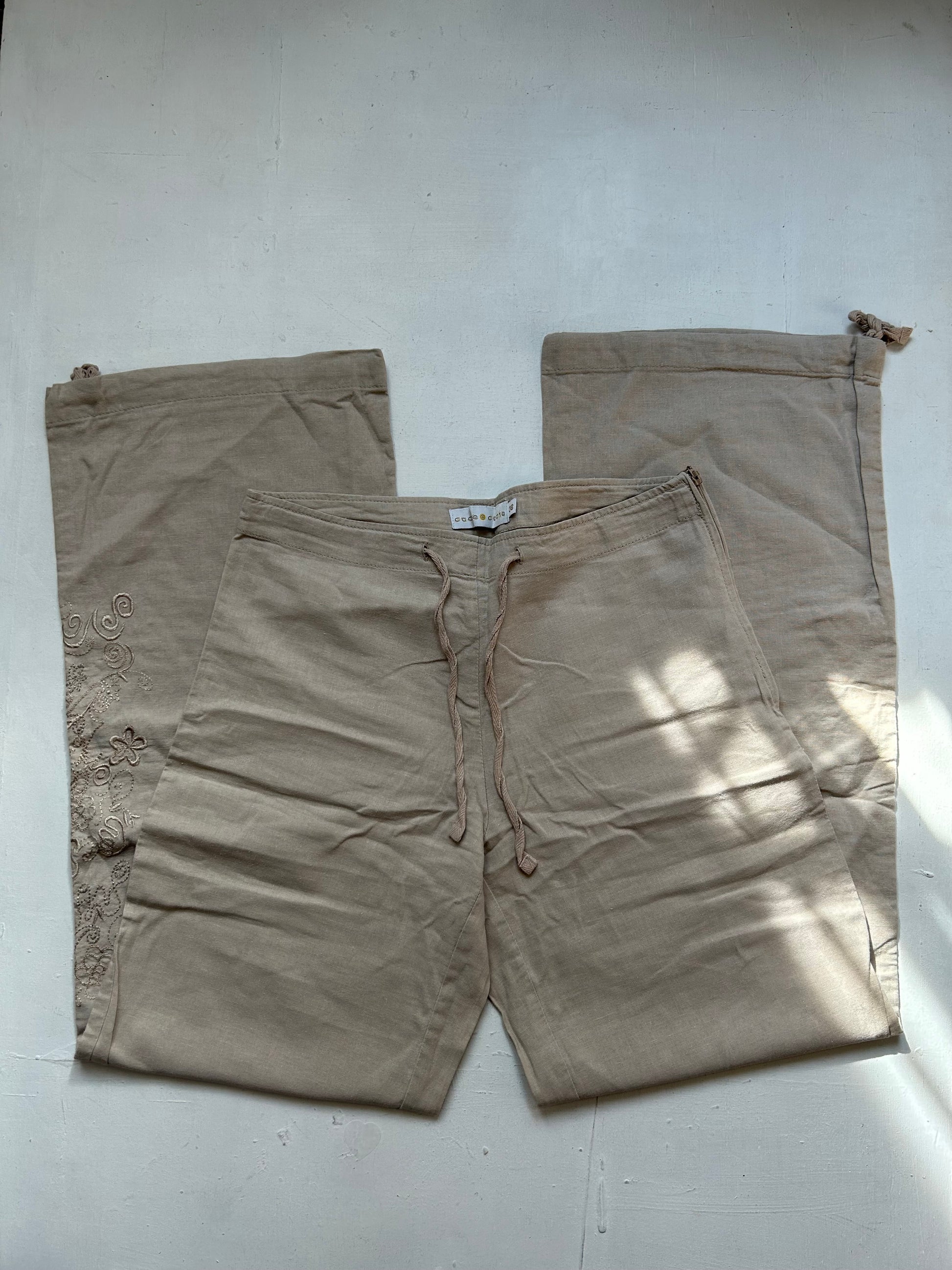 Beige baggy large low rise linen pants (XS)