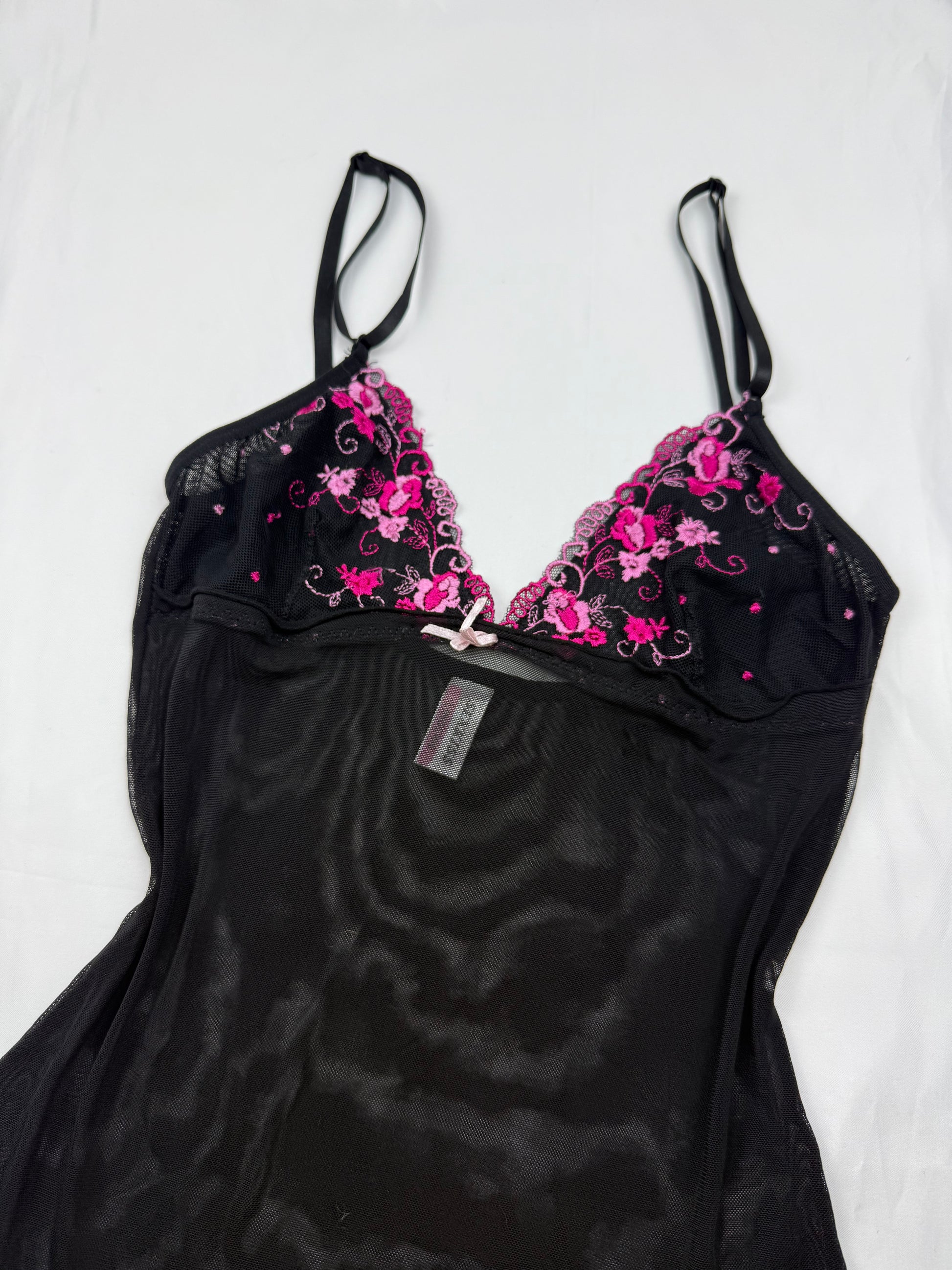 Black & pink embroidered floral mesh cami top (S)