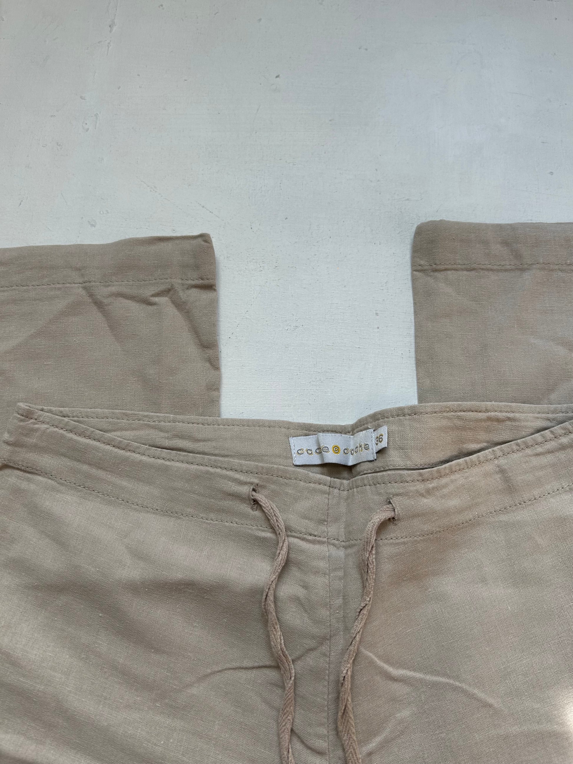 Beige baggy large low rise linen pants (XS)