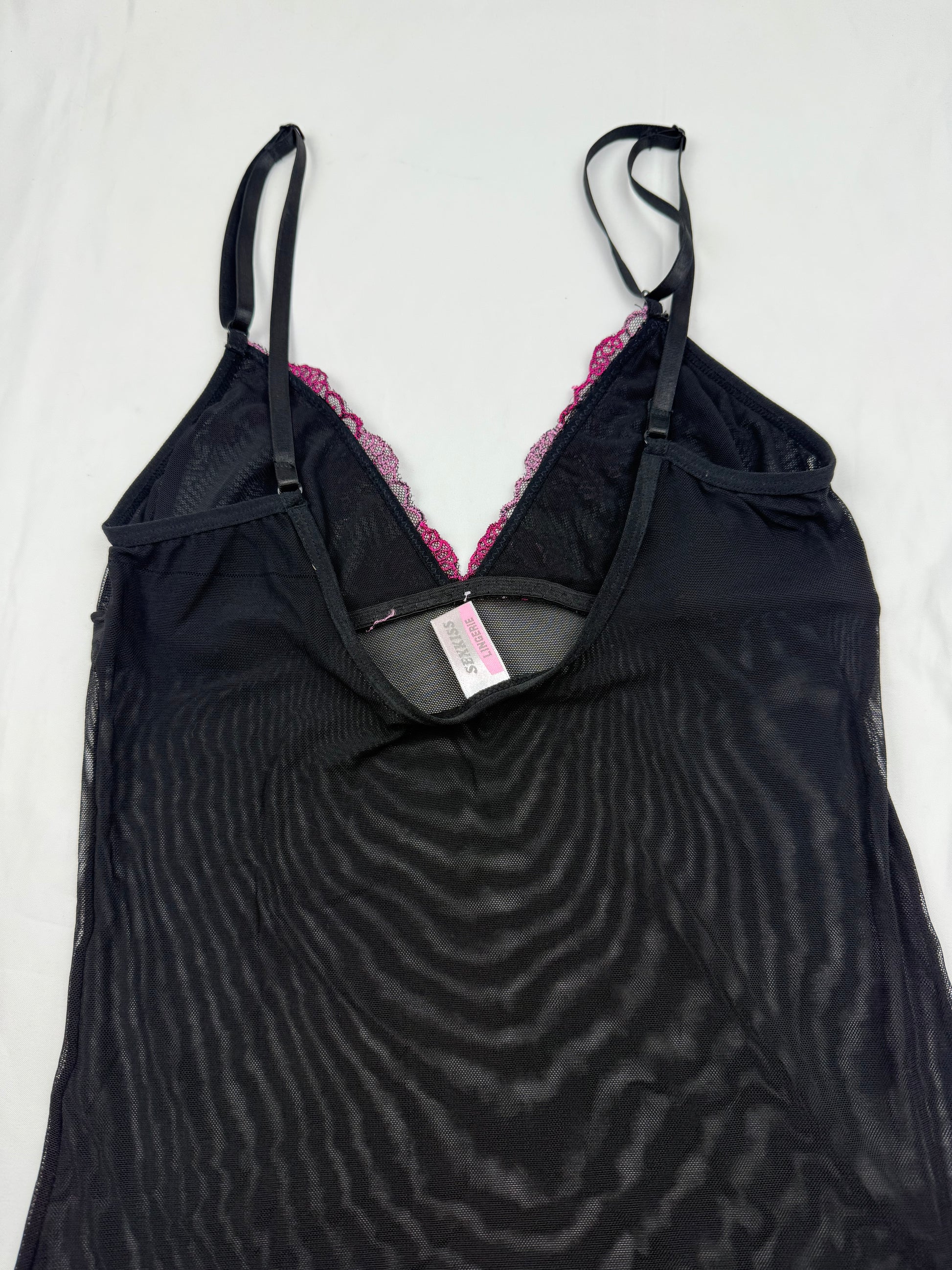 Black & pink embroidered floral mesh cami top (S)