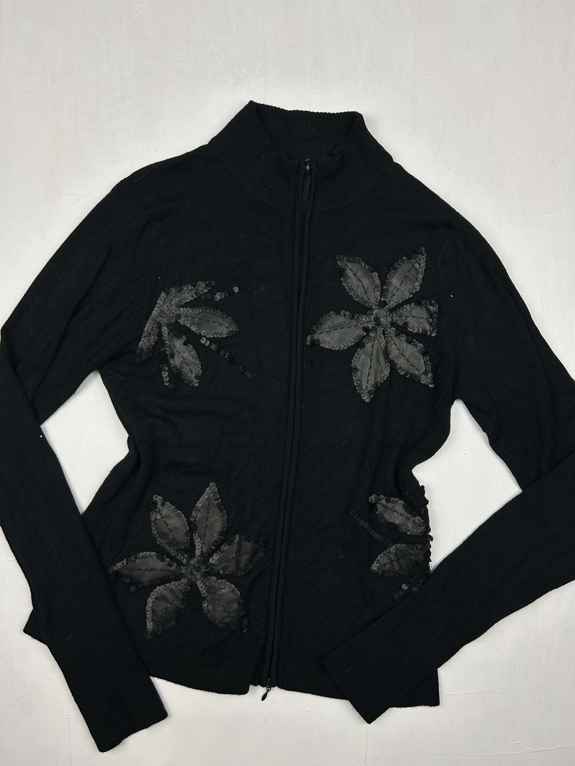 Black zip up flower appliqué cardigan jumper (S/M)