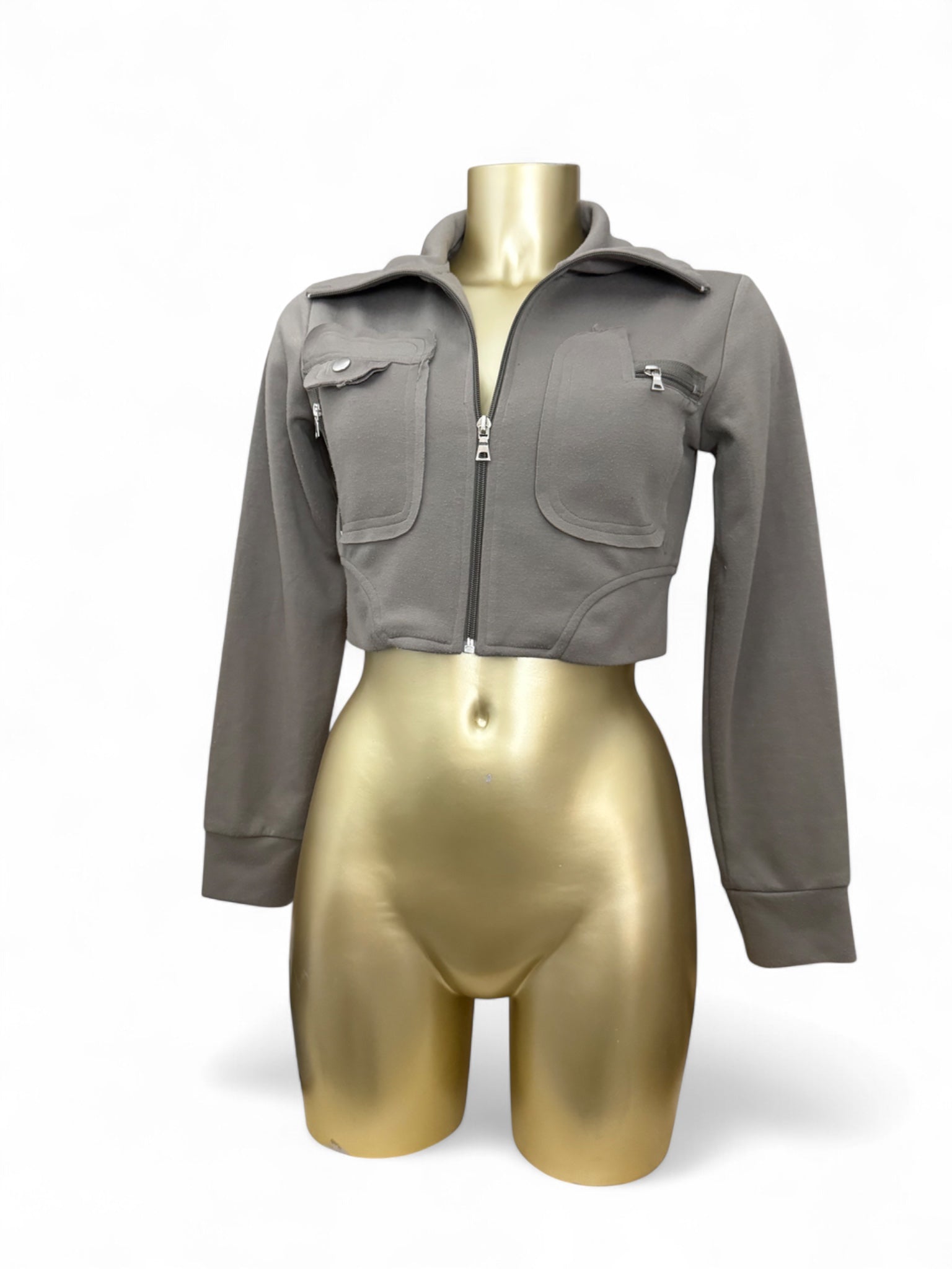 Khaki zip up crop sweatshirt (S/M)