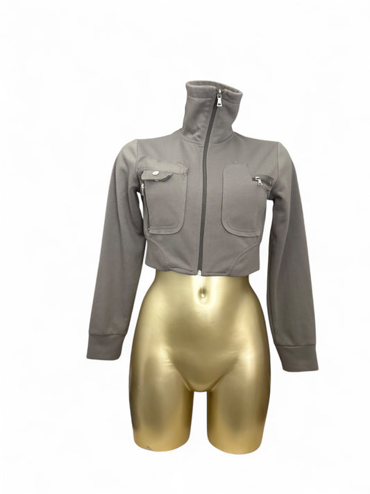 Khaki zip up crop sweatshirt (S/M)