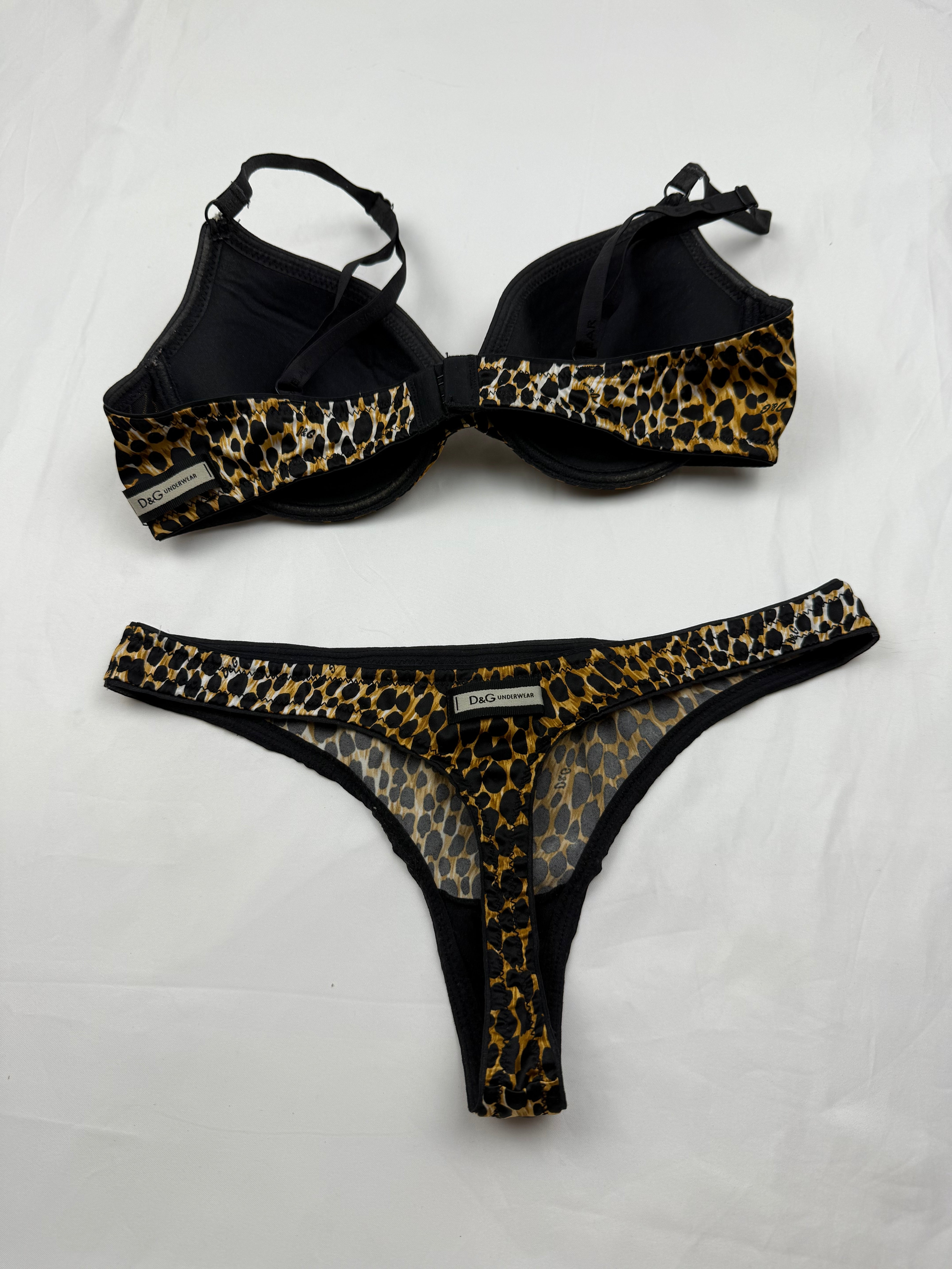 Beige animal print silky underwear set bra + thong FR 90C (S)
