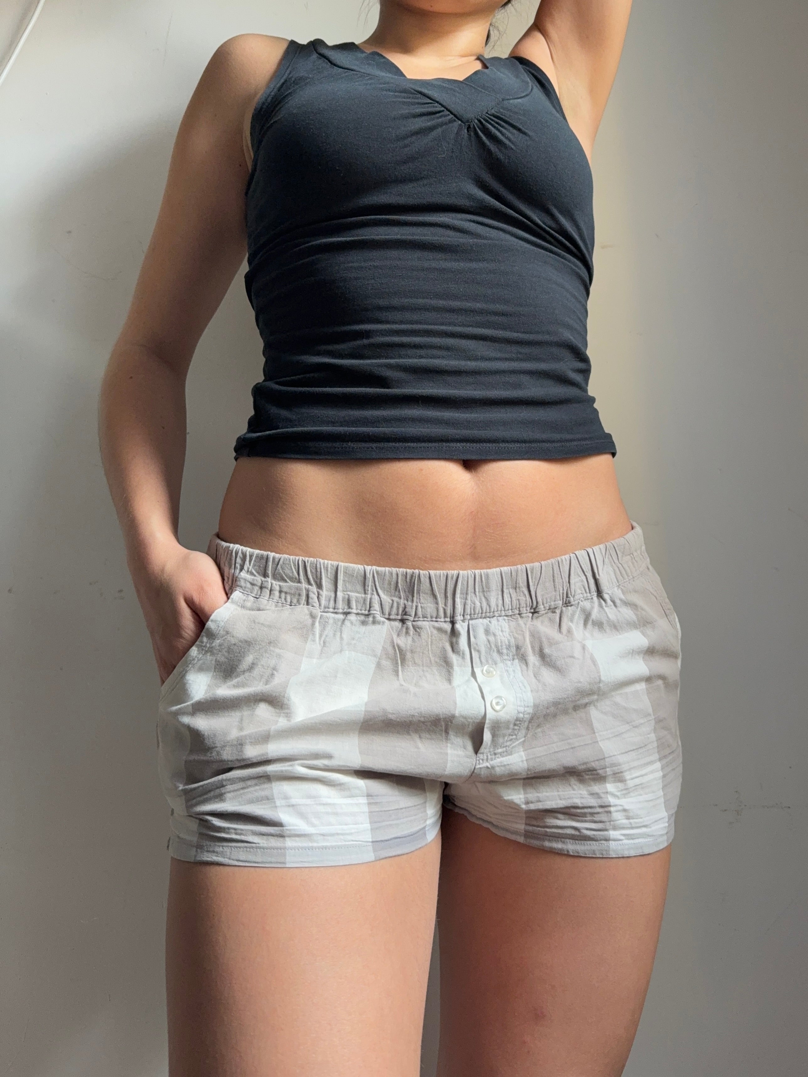 Beige cotton check print mini short (XL)