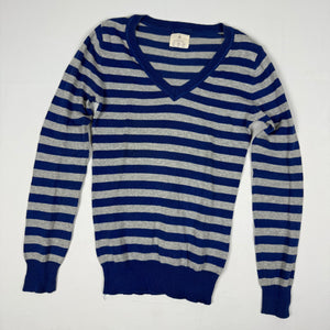 Blue & grey striped V neck jumper (S)