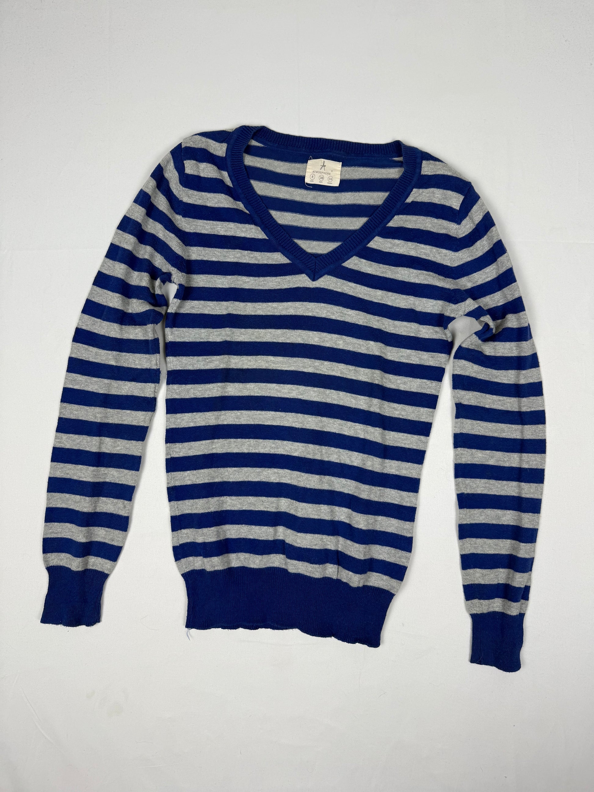 Blue & grey striped V neck jumper (S)
