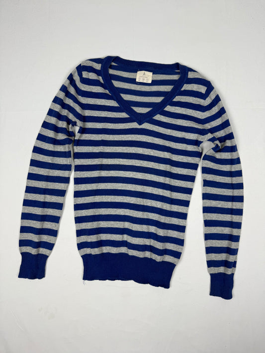 Blue & grey striped V neck jumper (S)