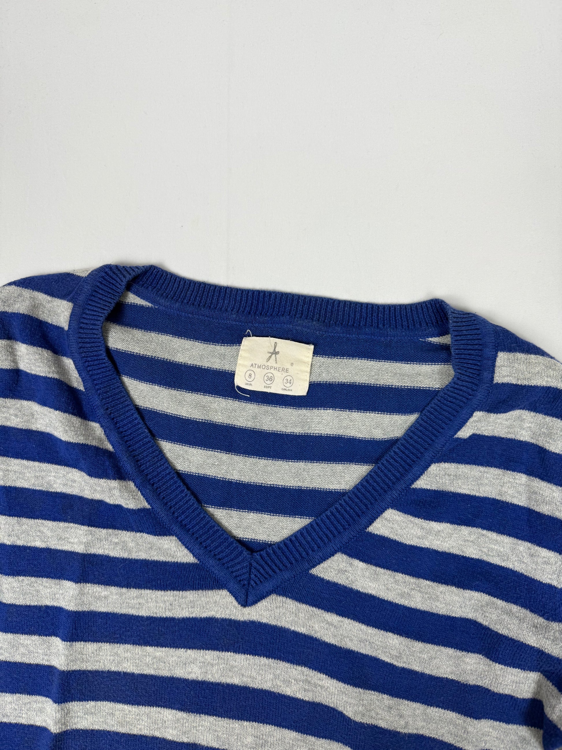Blue & grey striped V neck jumper (S)