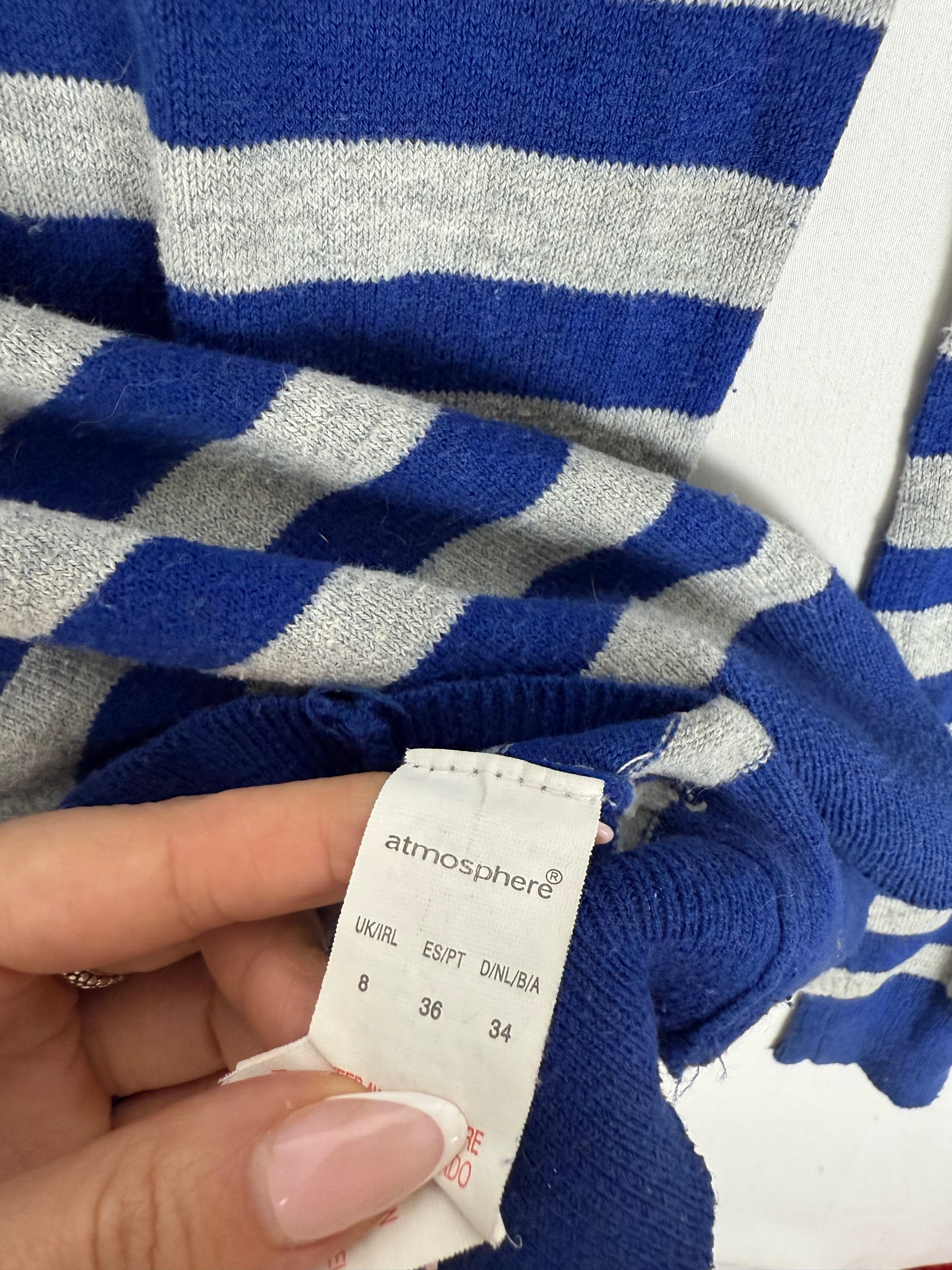 Blue & grey striped V neck jumper (S)