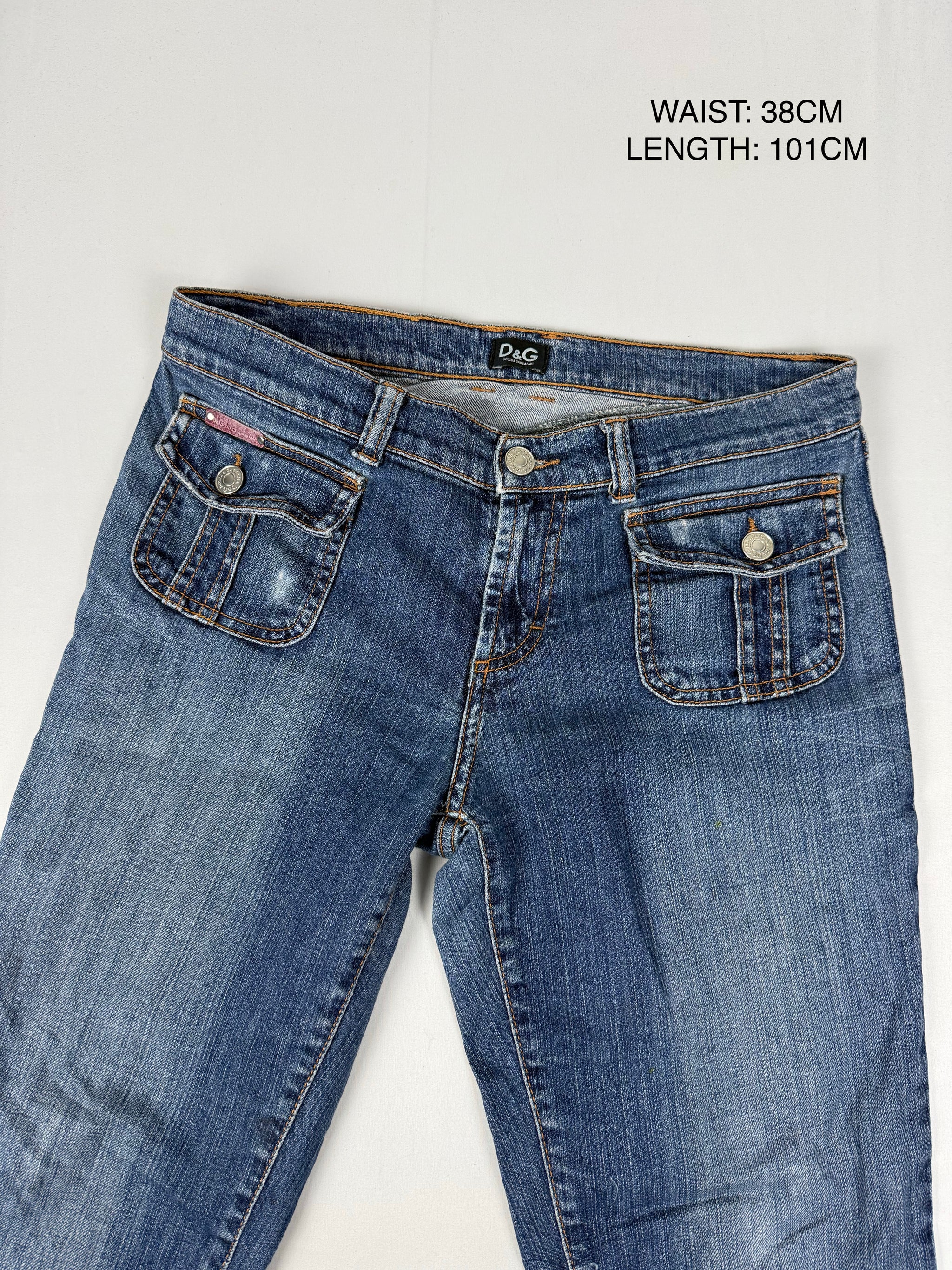 Blue low rise denim flare pants (M)