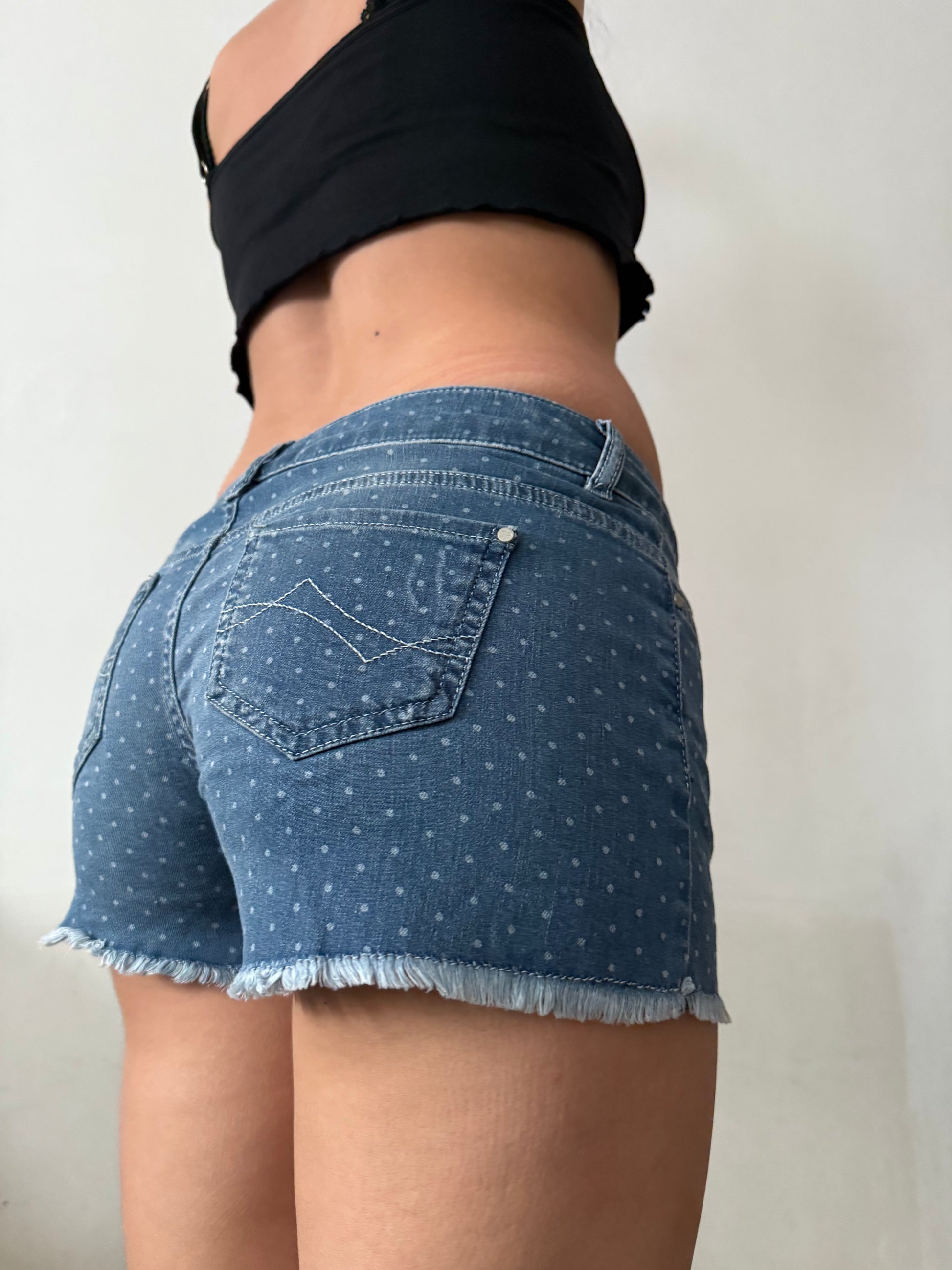 Blue denim polka dots low rise mini short (S)