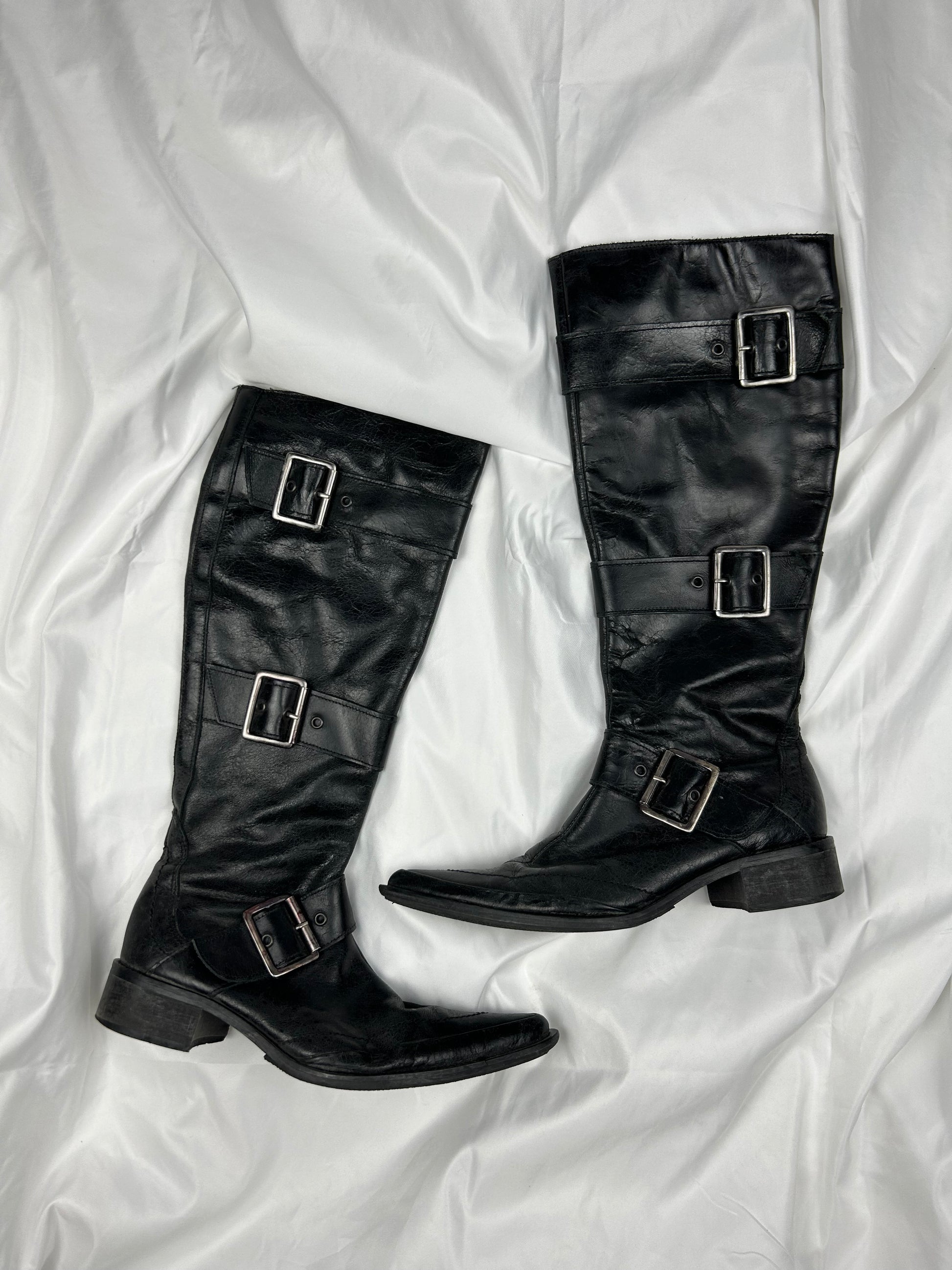 Black real leather buckle belt knee high boots (38)