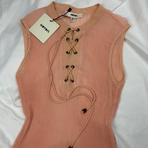 Beige / peach mesh pleated lace up tank top (M)