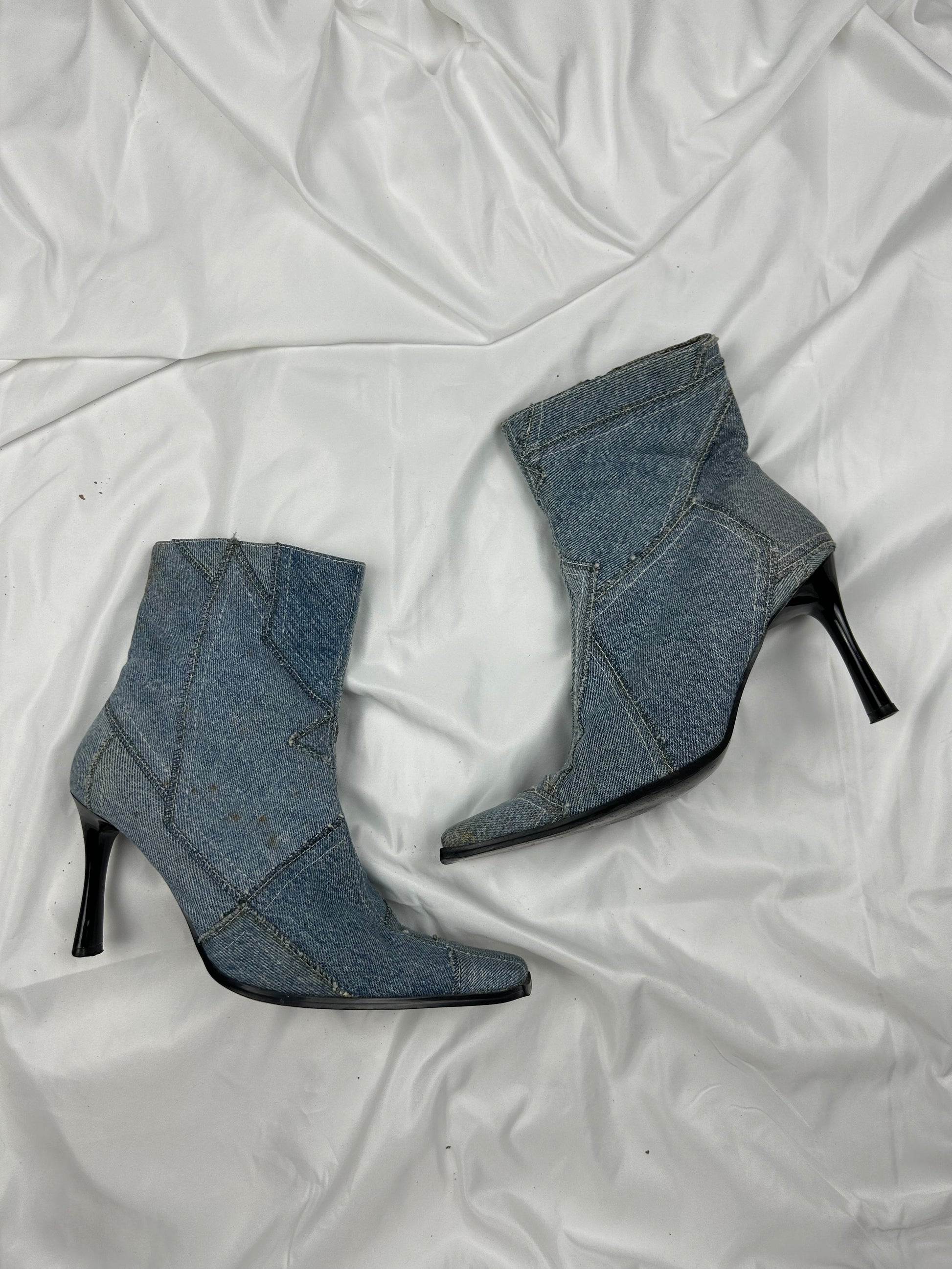 Blue denim pointed toes heels mid boots (37)