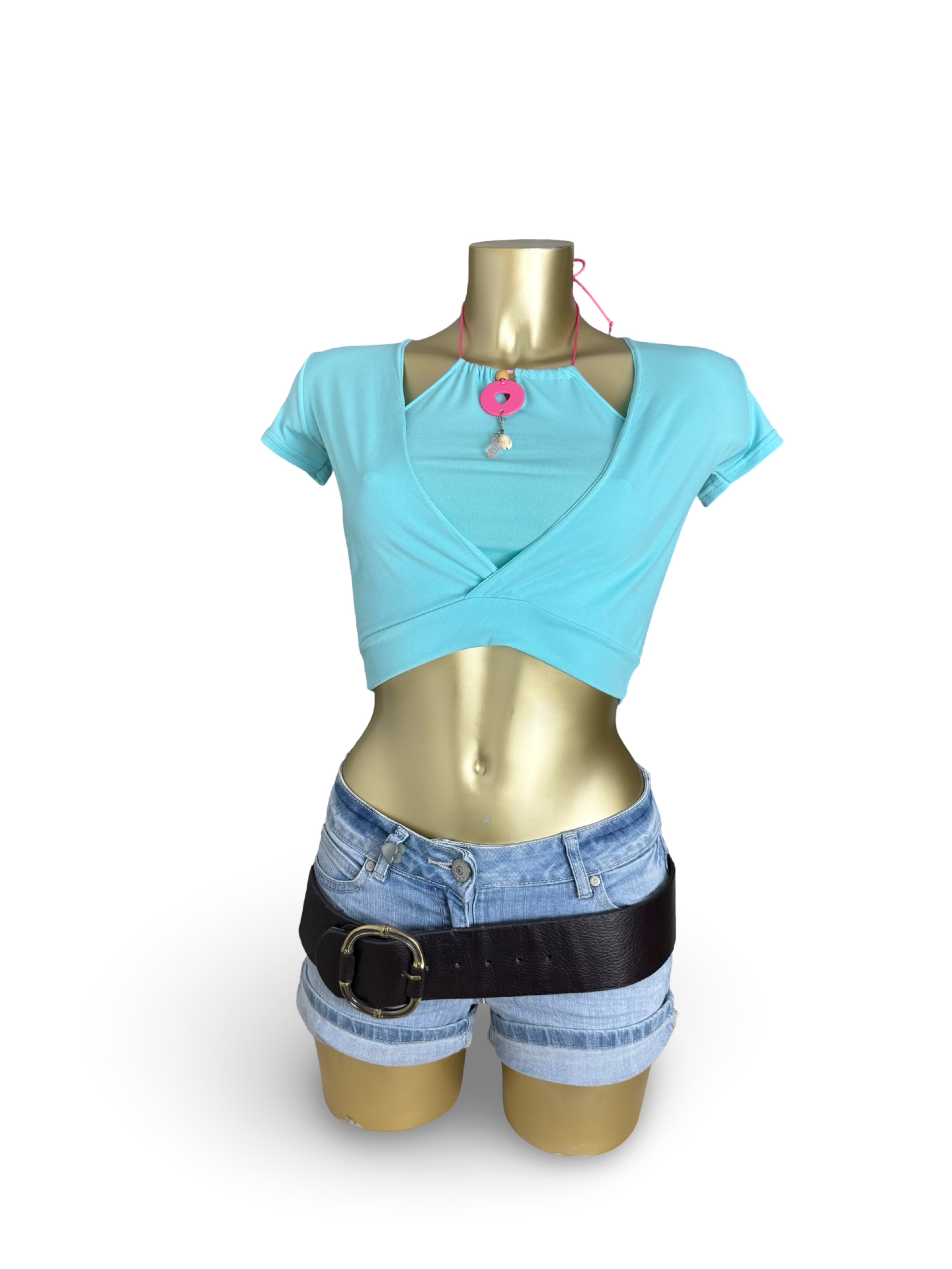 Blue halter neck pearls tee (XS)