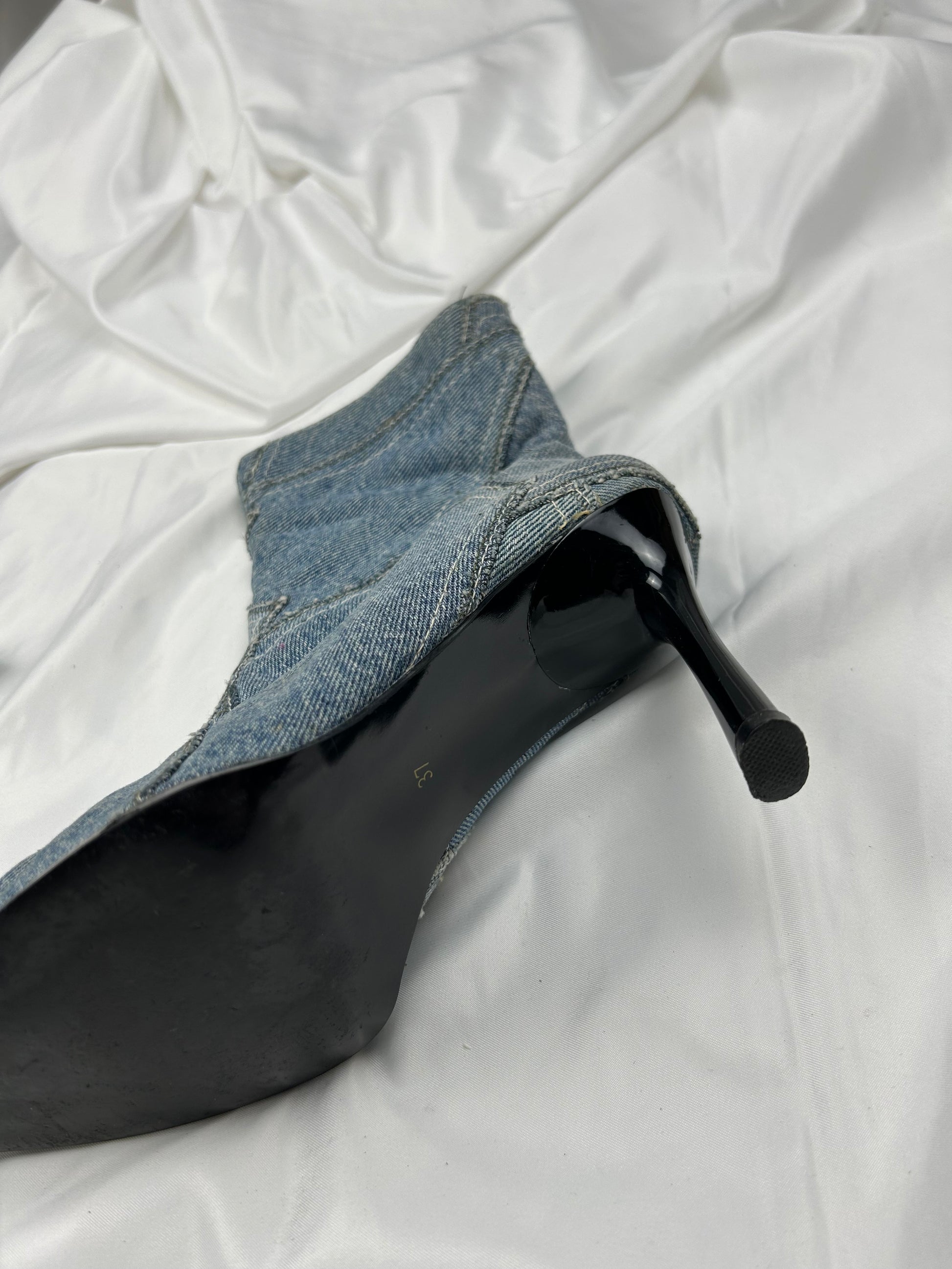 Blue denim pointed toes heels mid boots (37)