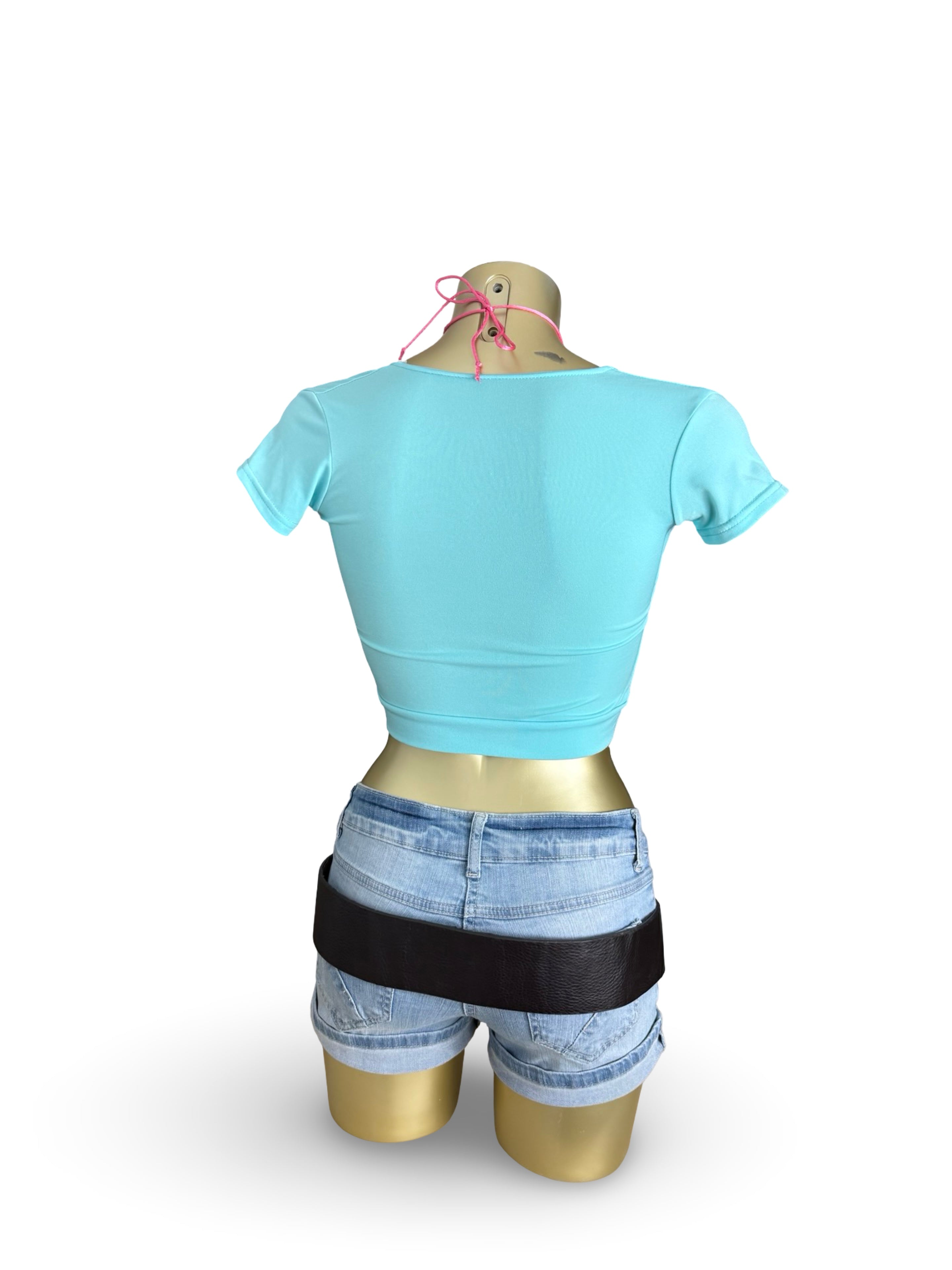 Blue halter neck pearls tee (XS)